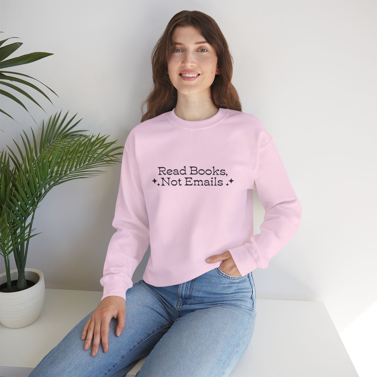 "Read Books Not Emails." - Embroidered Cozy Literary Sweatshirt (Black Text)
