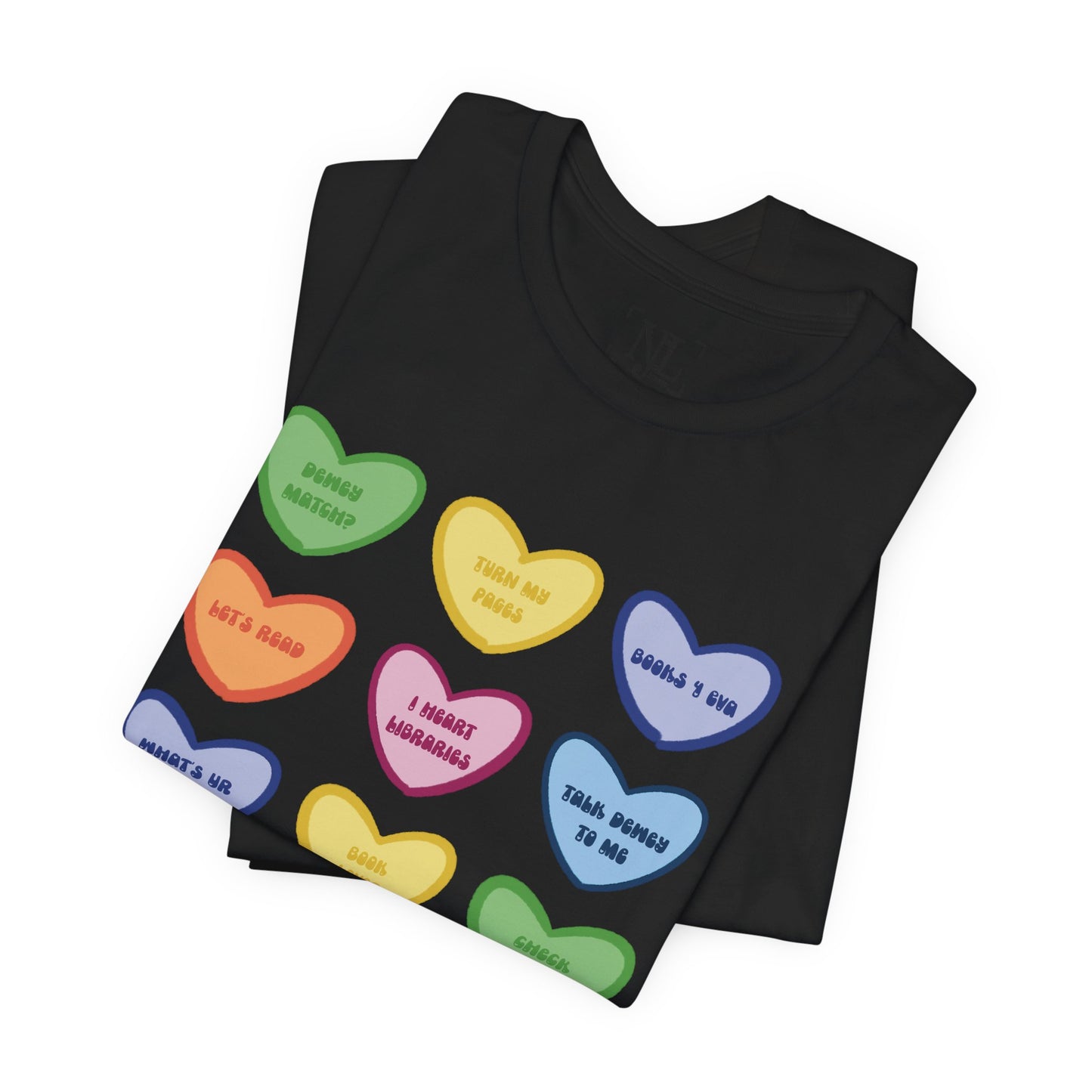 Library Conversation Heart Graphic Tee — Cute Pastel Candy Hearts with Messages