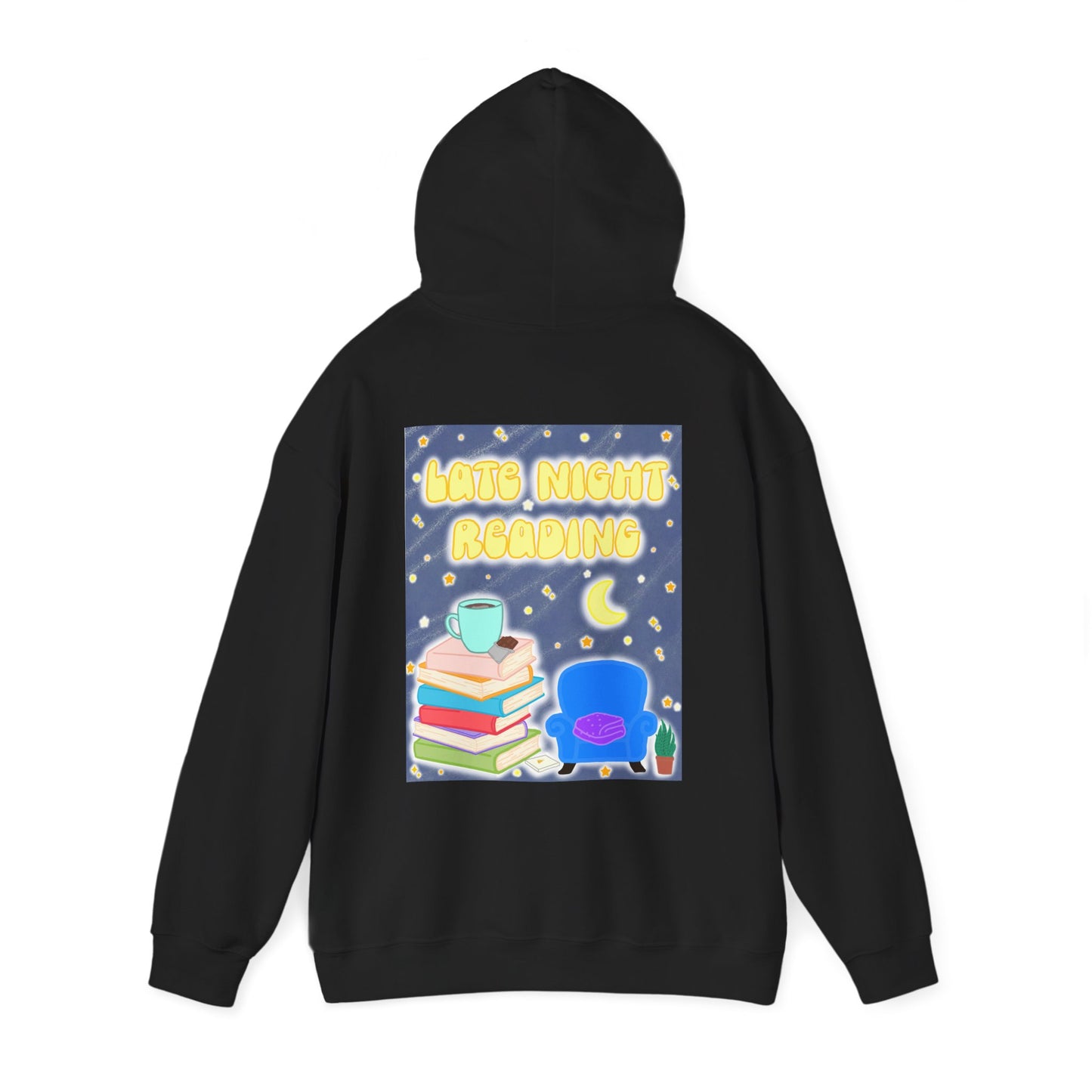 Late Night Reading Hoodie — Cozy Book Lover Pullover with Moon & Books Graphic (White Text)