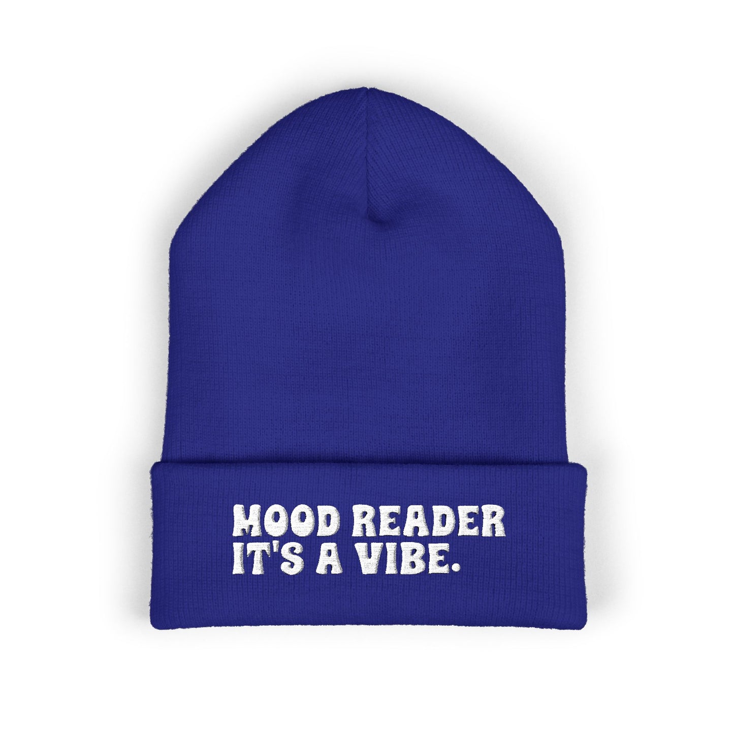 "Mood Reader It's a Vibe." - Embroidered Literary Cuffed Beanie (White Text)