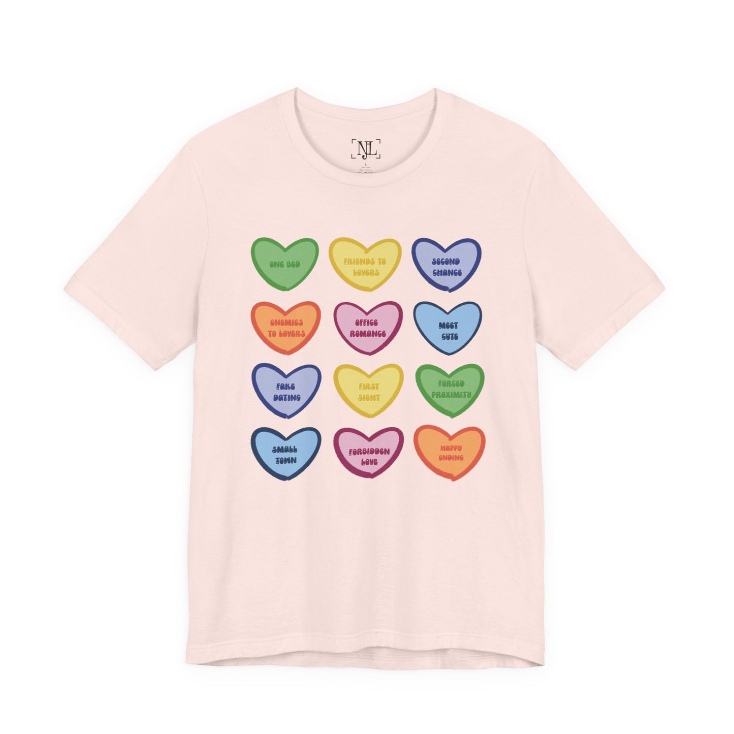Romance Book Tropes Conversation Heart Graphic Tee — Cute Pastel Candy Hearts with Messages
