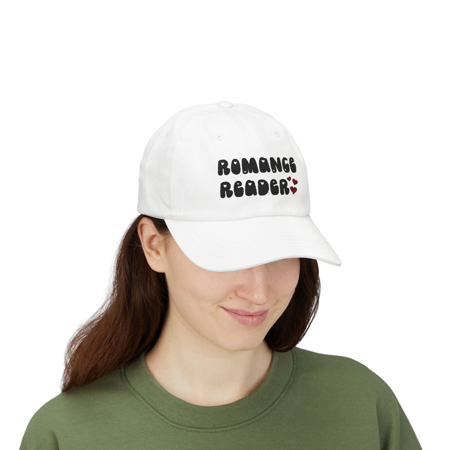 "Romance Reader" - Embroidered Literary Dad Cap (Black Text with Maroon Hearts)