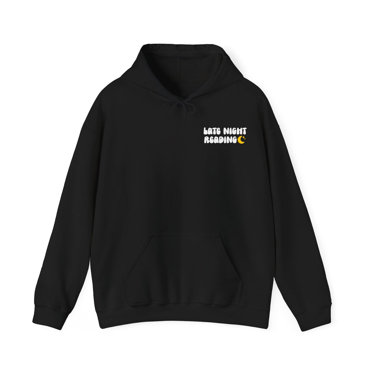 Late Night Reading Hoodie — Cozy Book Lover Pullover with Moon & Books Graphic (White Text)