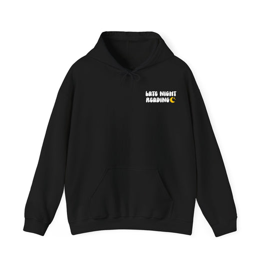 Late Night Reading Hoodie — Cozy Book Lover Pullover with Moon & Books Graphic (White Text)