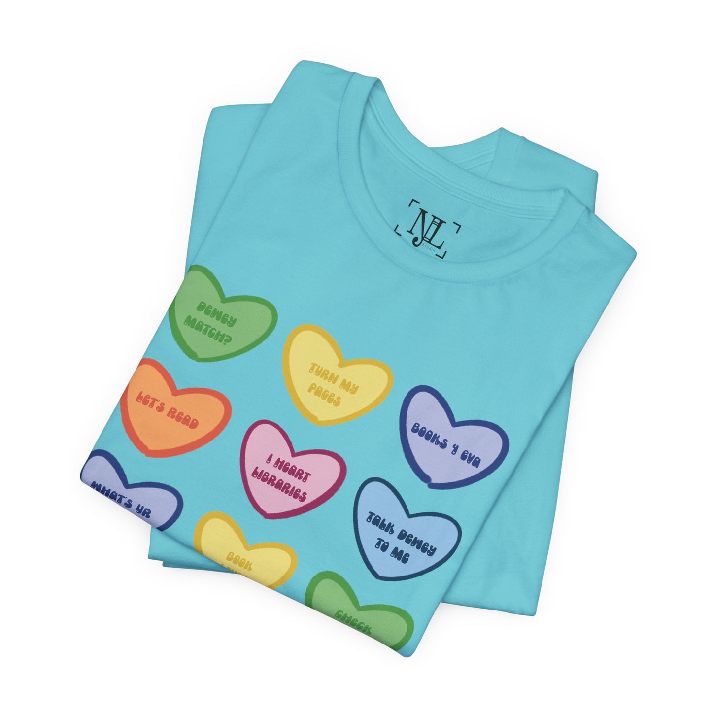 Library Conversation Heart Graphic Tee — Cute Pastel Candy Hearts with Messages