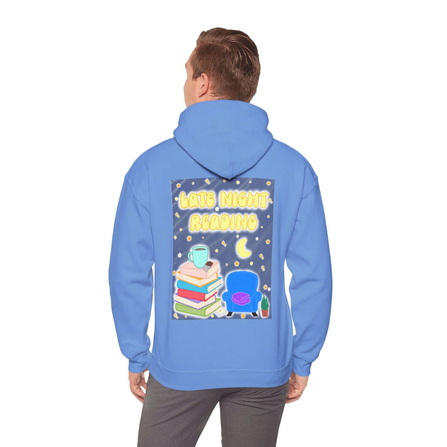 Late Night Reading Hoodie — Cozy Book Lover Pullover with Moon & Books Graphic (Black Text)