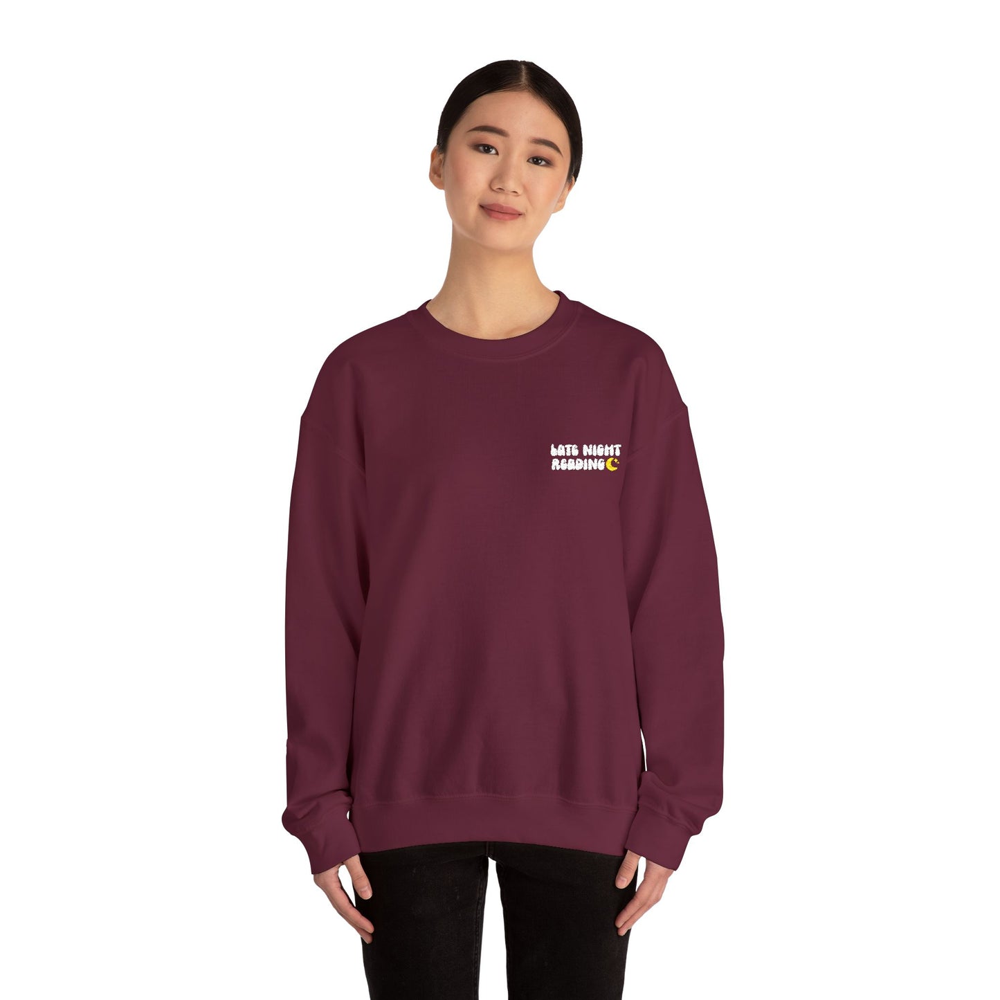 "Late Night Reading - Embroidered Cozy Literary Crewneck Sweatshirt (White Text)