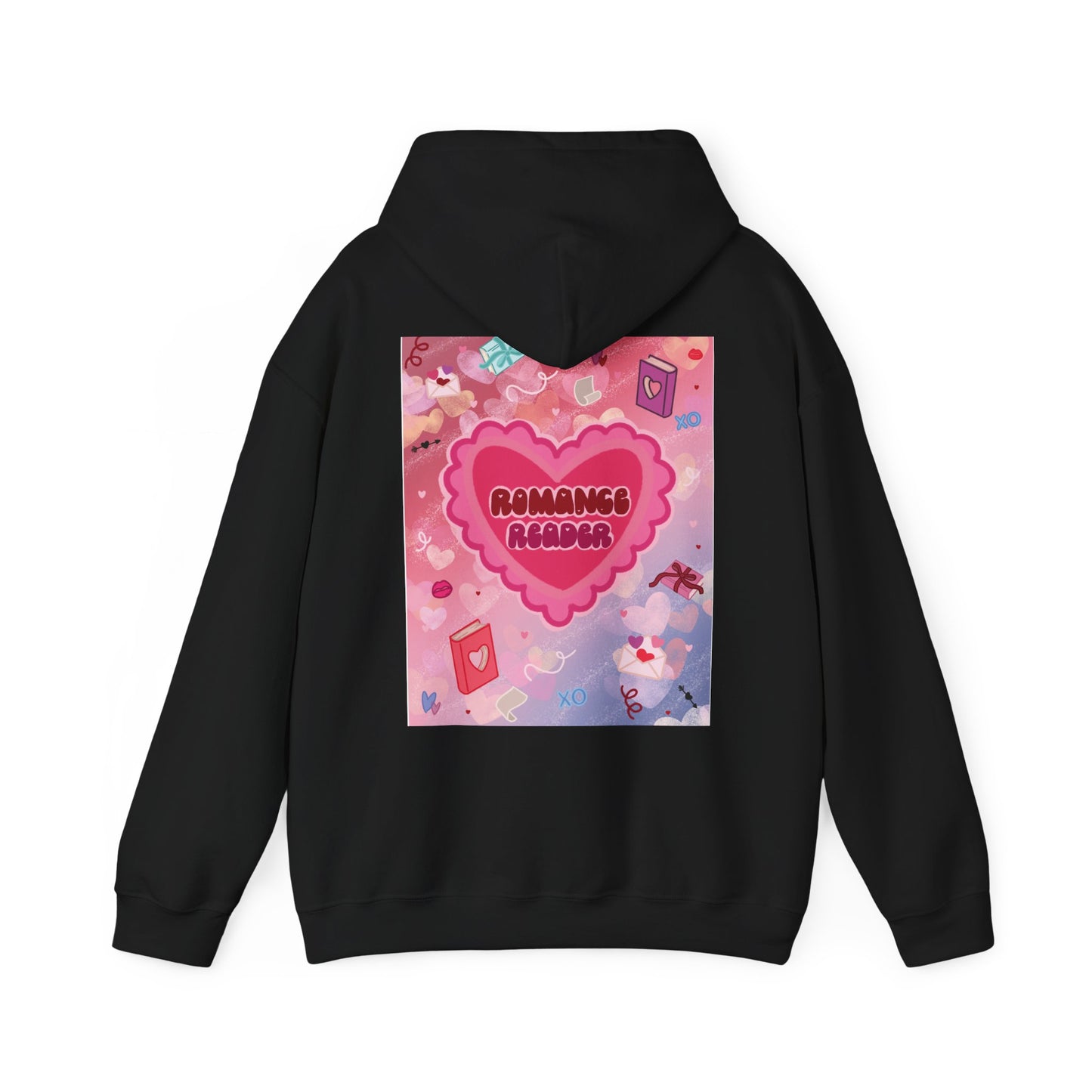 Romance Reader Hoodie — Cute Pink Heart Book Lover Pullover (White Text)