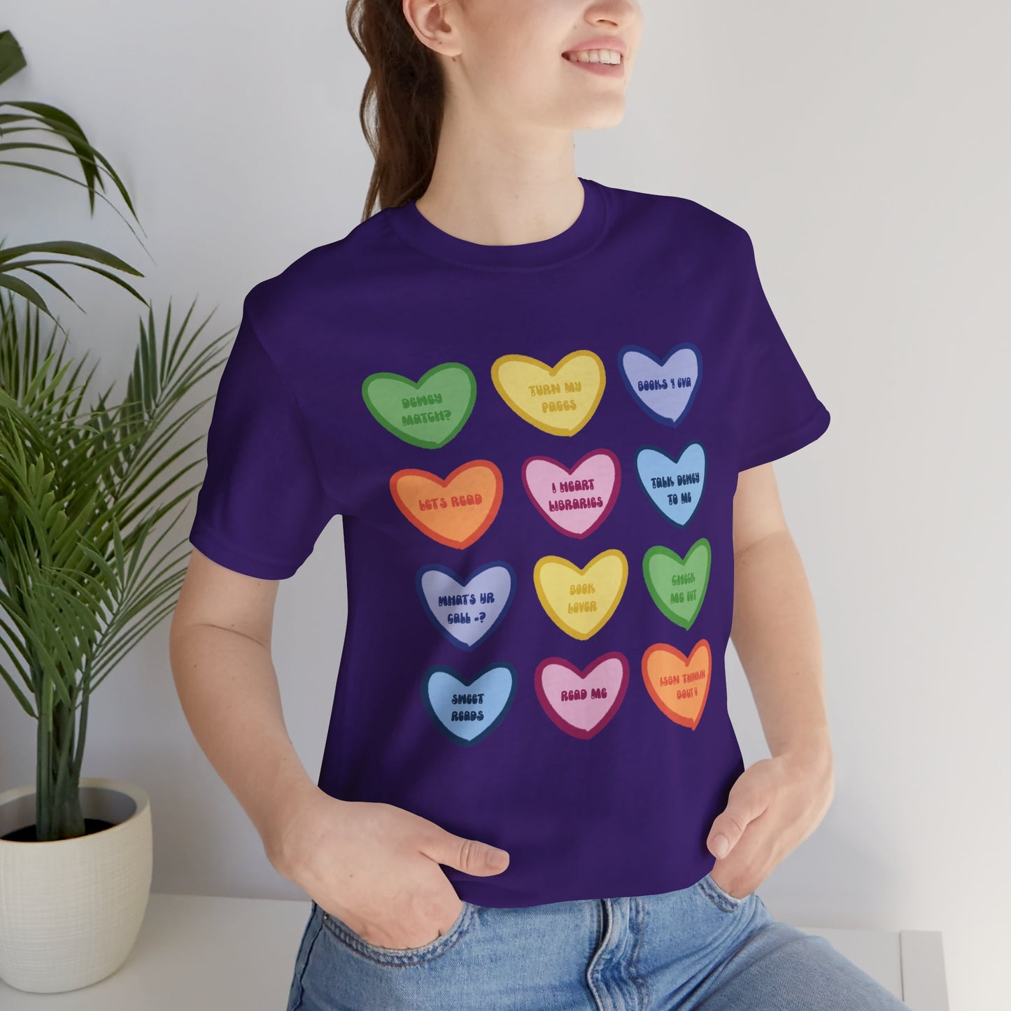 Library Conversation Heart Graphic Tee — Cute Pastel Candy Hearts with Messages
