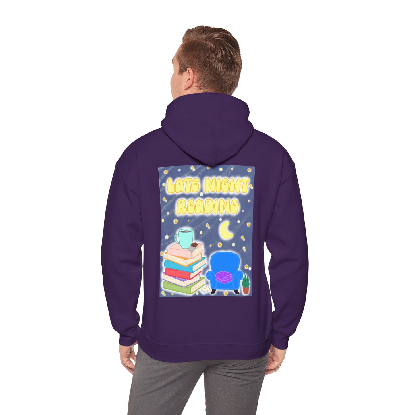 Late Night Reading Hoodie — Cozy Book Lover Pullover with Moon & Books Graphic (White Text)