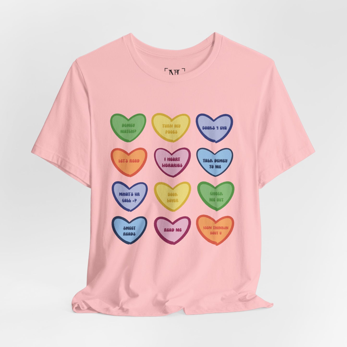 Library Conversation Heart Graphic Tee — Cute Pastel Candy Hearts with Messages