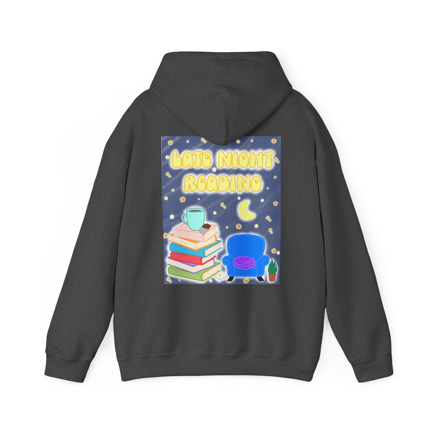 Late Night Reading Hoodie — Cozy Book Lover Pullover with Moon & Books Graphic (White Text)