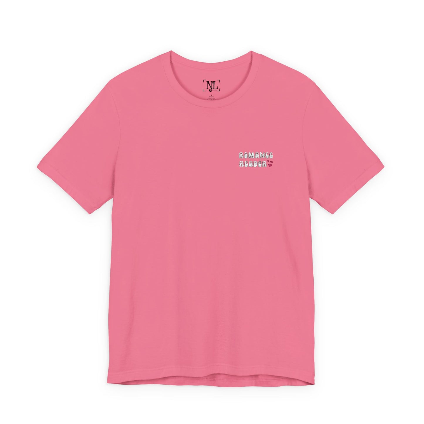 "Romance Reader" - Embroidered Literary Tee (White Text with Pink Hearts)