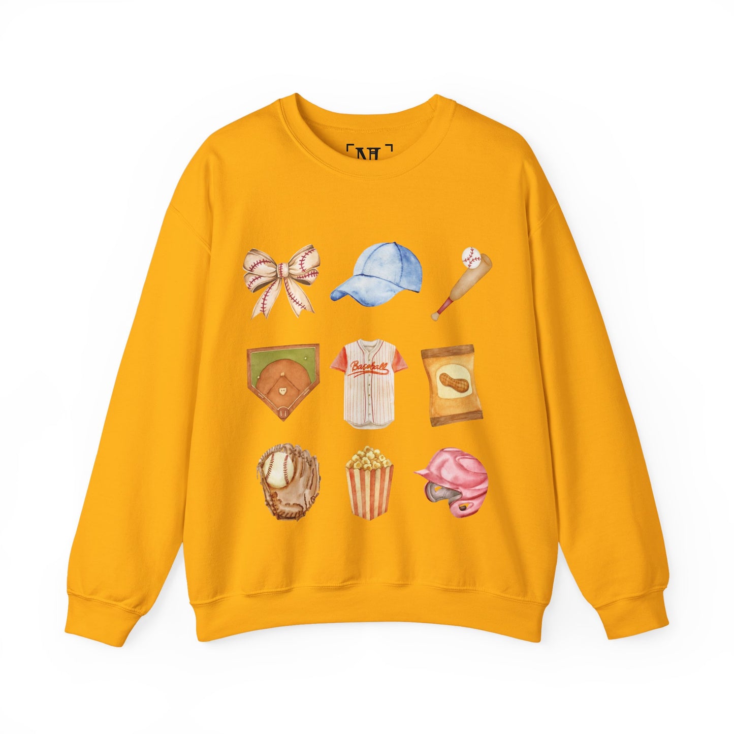 Baseball Icons Crewneck Sweatshirt — Watercolor Baseball Gear Graphic