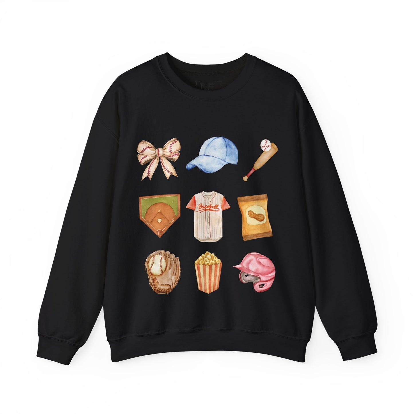 Baseball Icons Crewneck Sweatshirt — Watercolor Baseball Gear Graphic