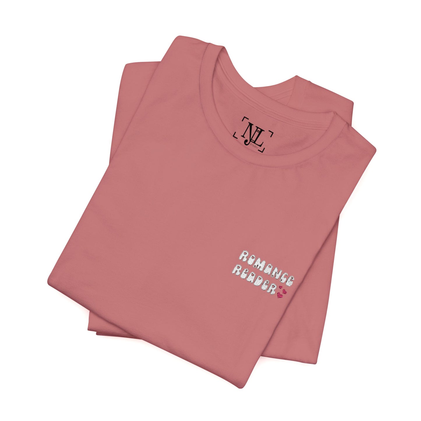 "Romance Reader" - Embroidered Literary Tee (White Text with Pink Hearts)