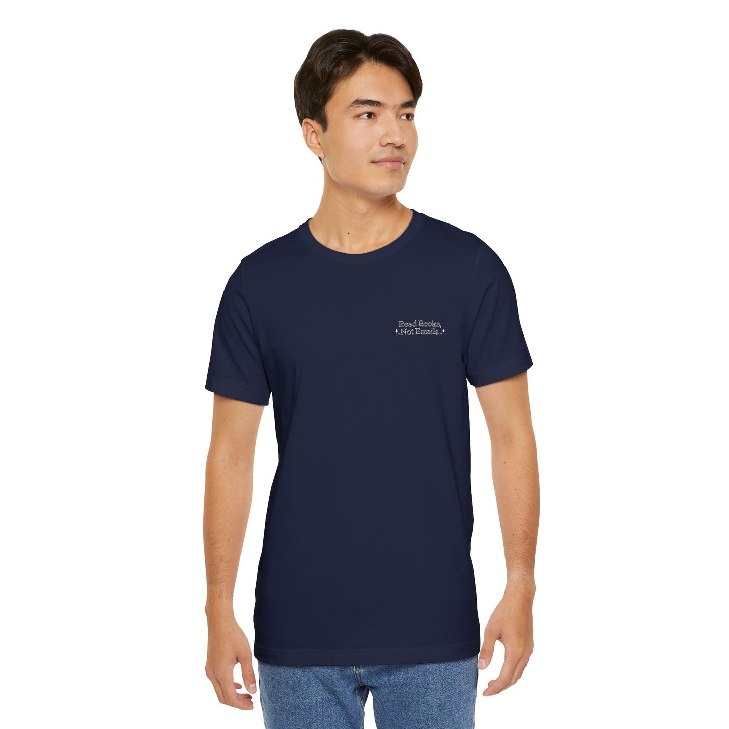 "Read Books, Not Emails - Embroidered Literary Tee (White Text)