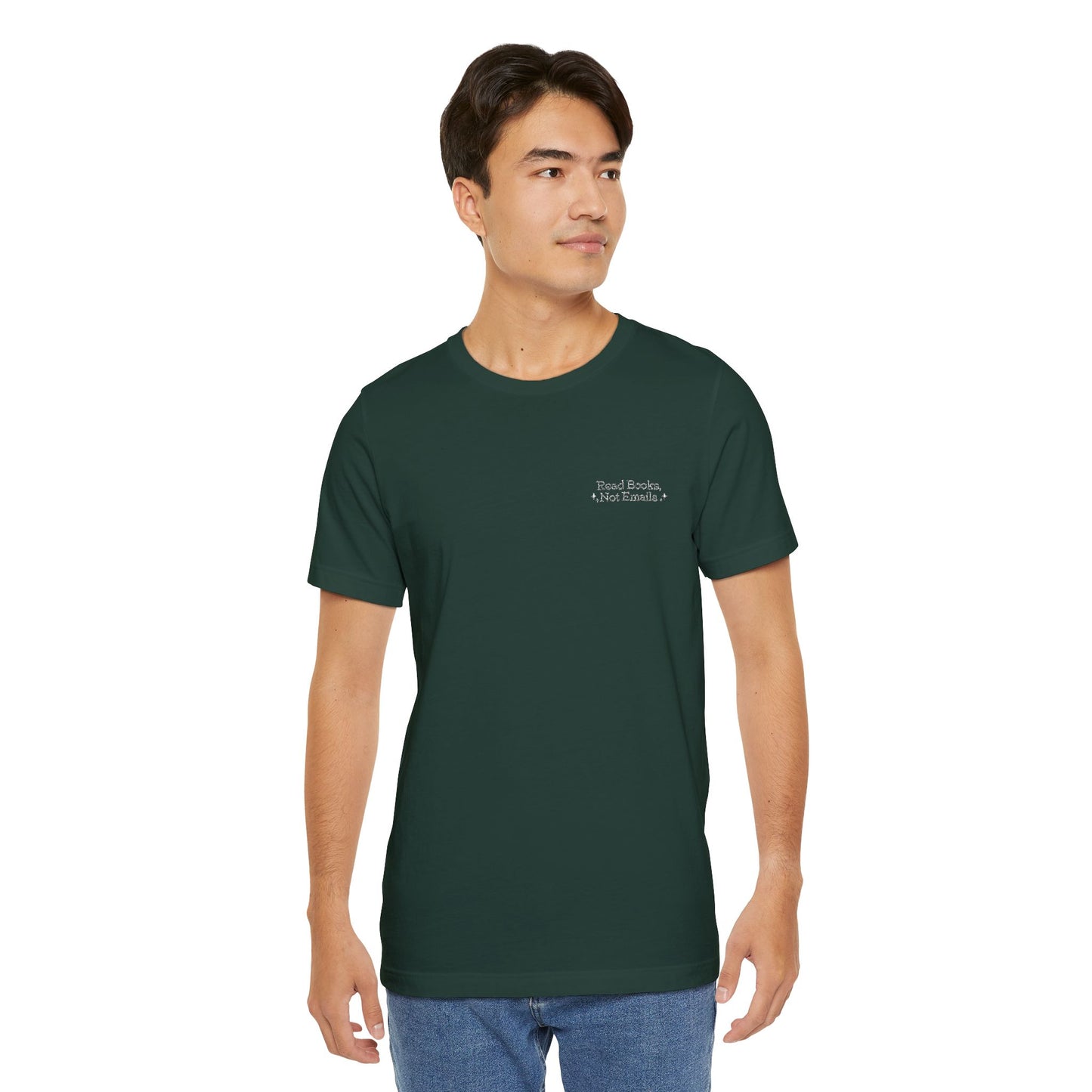 "Read Books, Not Emails - Embroidered Literary Tee (White Text)