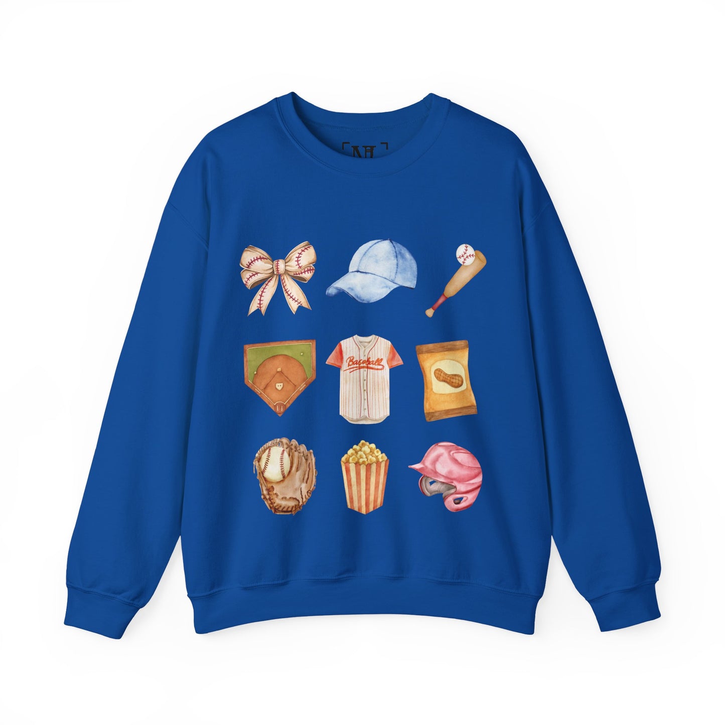 Baseball Icons Crewneck Sweatshirt — Watercolor Baseball Gear Graphic