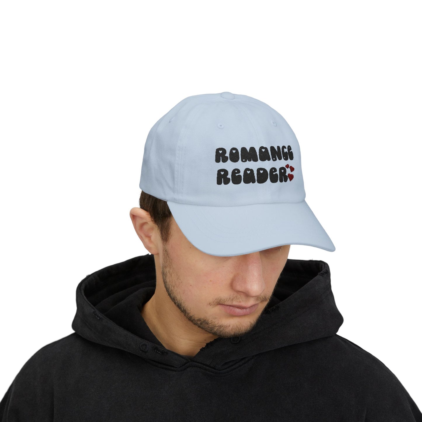 "Romance Reader" - Embroidered Literary Dad Cap (Black Text with Maroon Hearts)