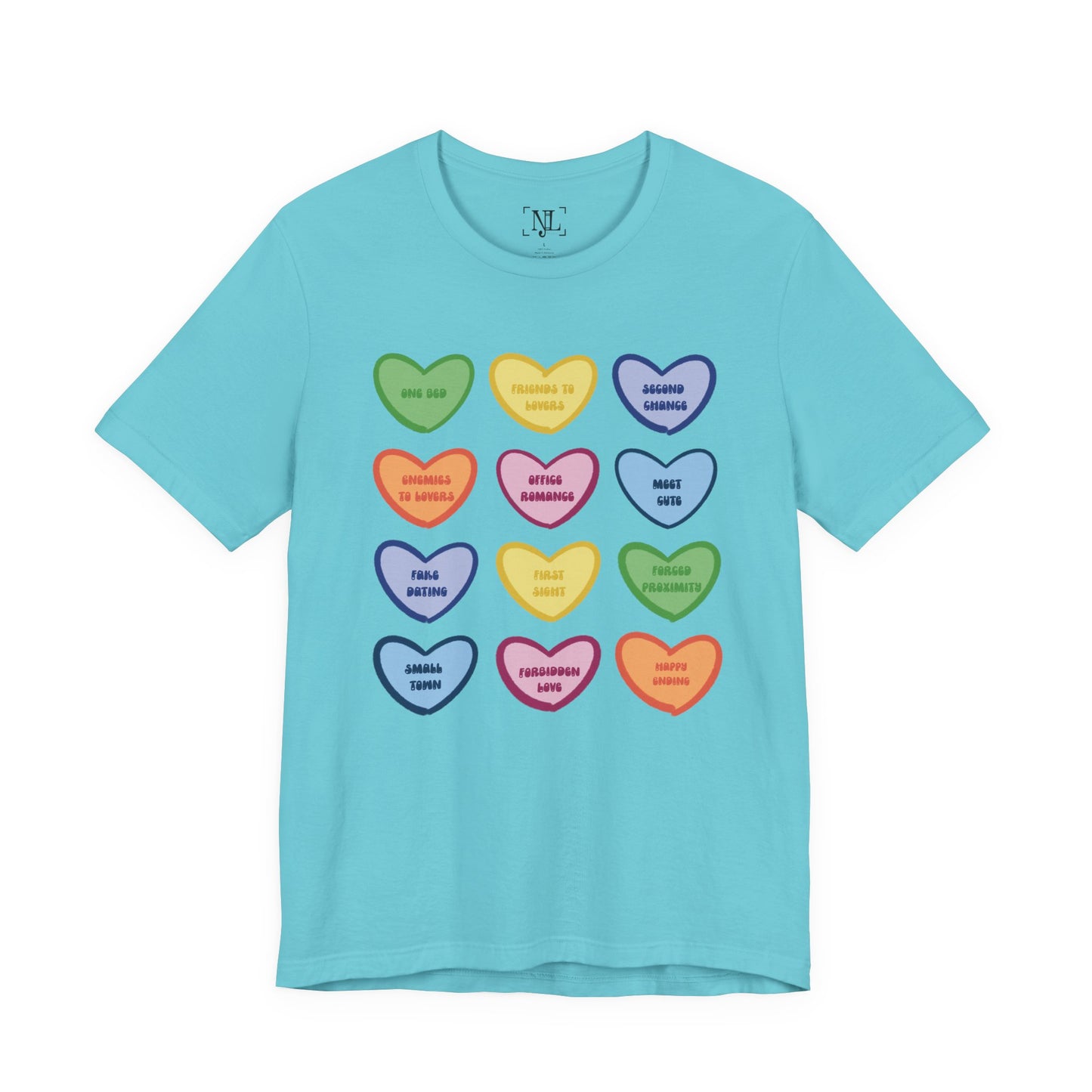 Romance Book Tropes Conversation Heart Graphic Tee — Cute Pastel Candy Hearts with Messages
