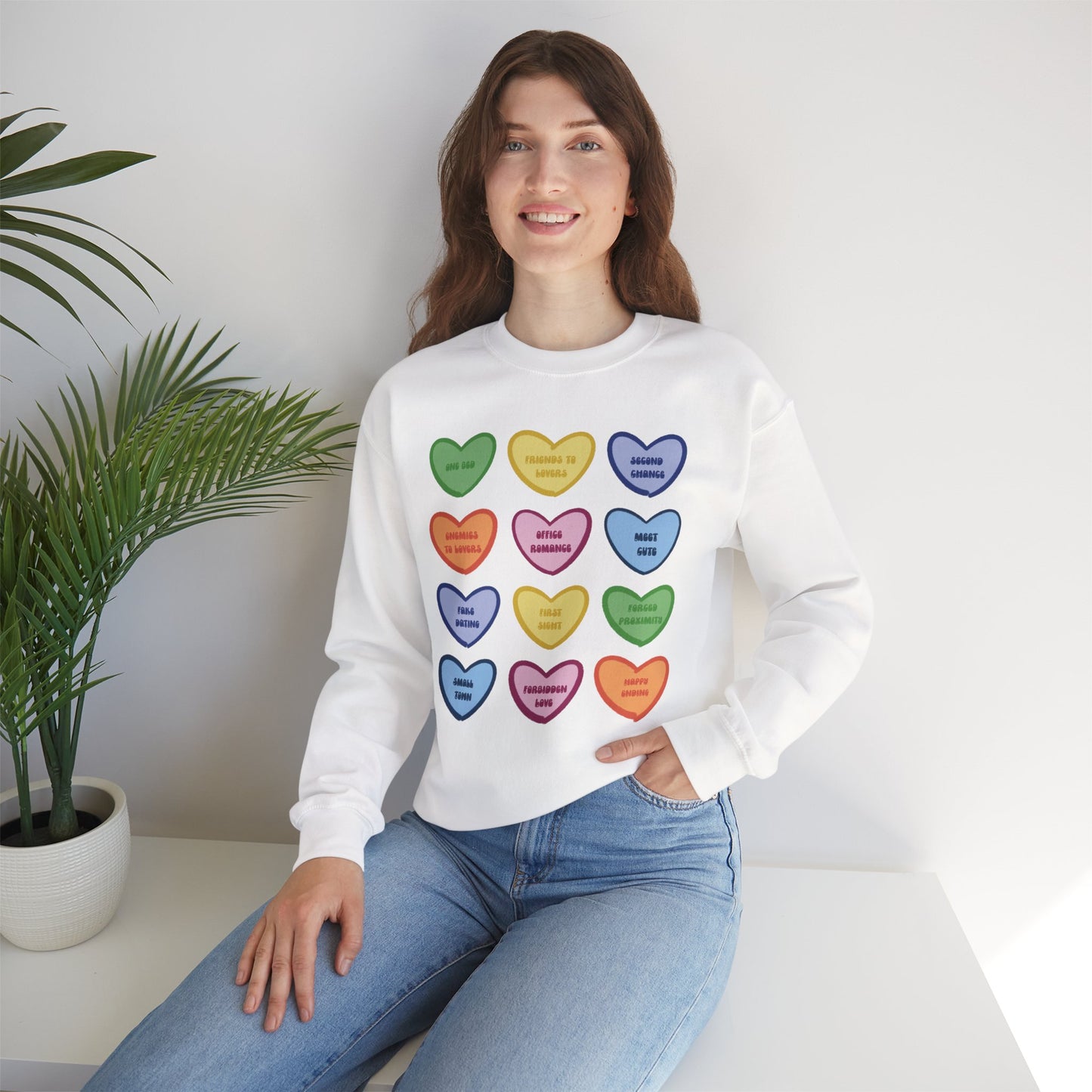 Romance Book Tropes Conversation Heart Sweatshirt — Colorful Valentine Candy Heart Graphic Crewneck