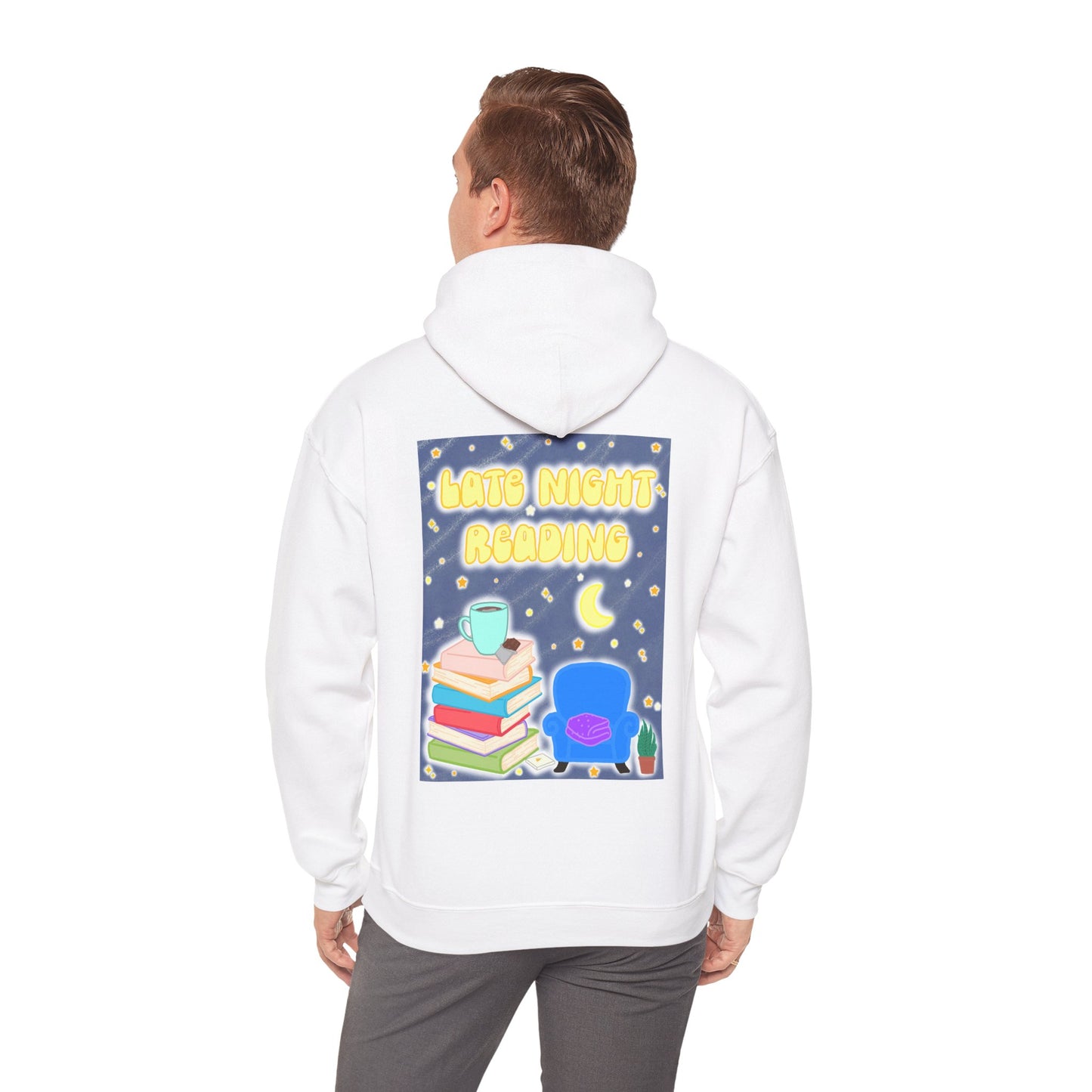 Late Night Reading Hoodie — Cozy Book Lover Pullover with Moon & Books Graphic (Black Text)