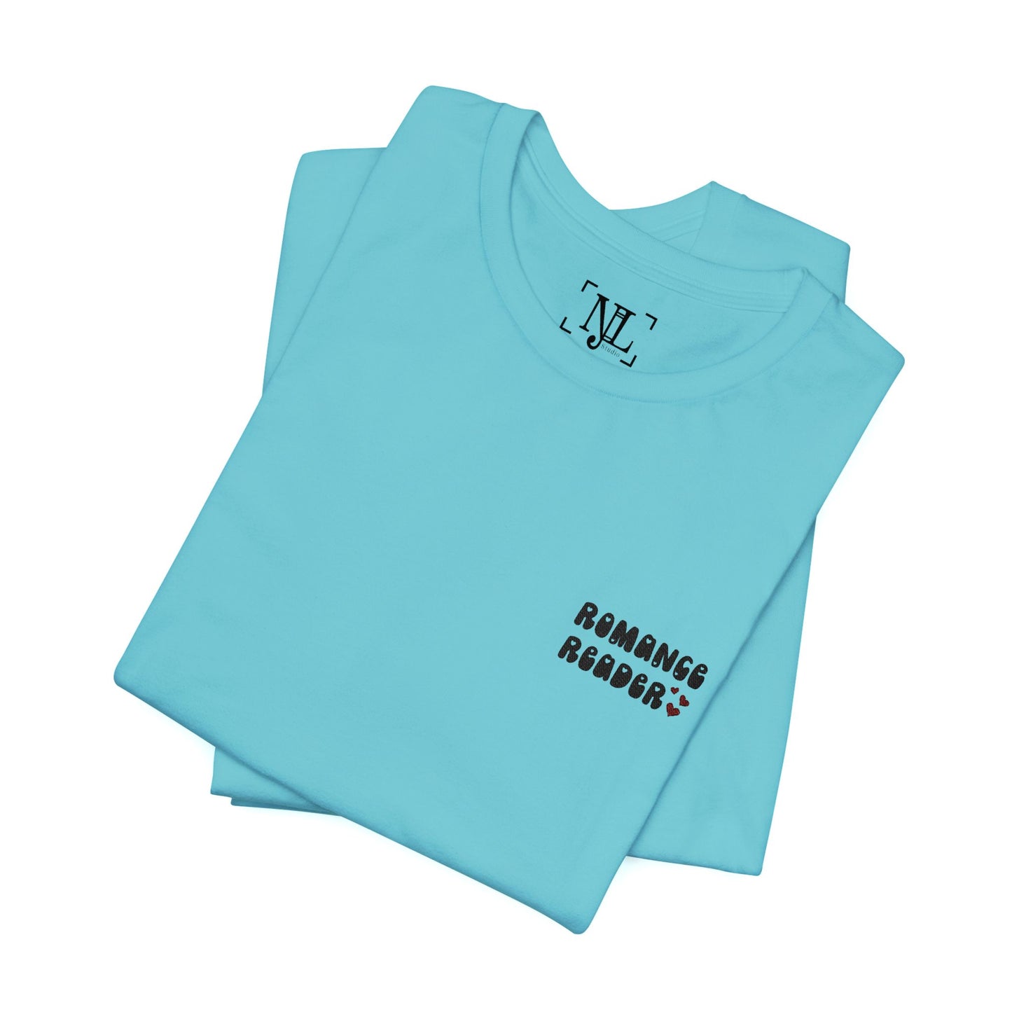 "Romance Reader" - Embroidered Literary Tee (Black Text with Maroon Hearts)
