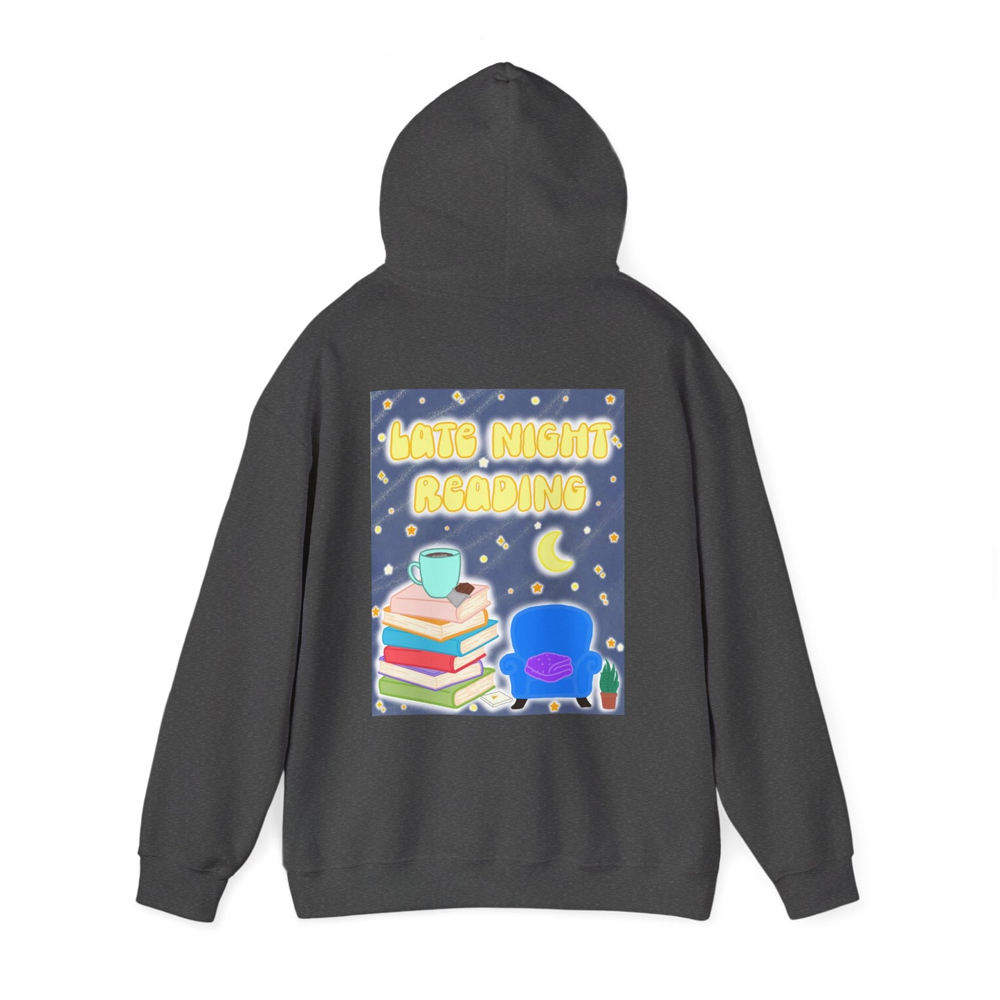Late Night Reading Hoodie — Cozy Book Lover Pullover with Moon & Books Graphic (White Text)