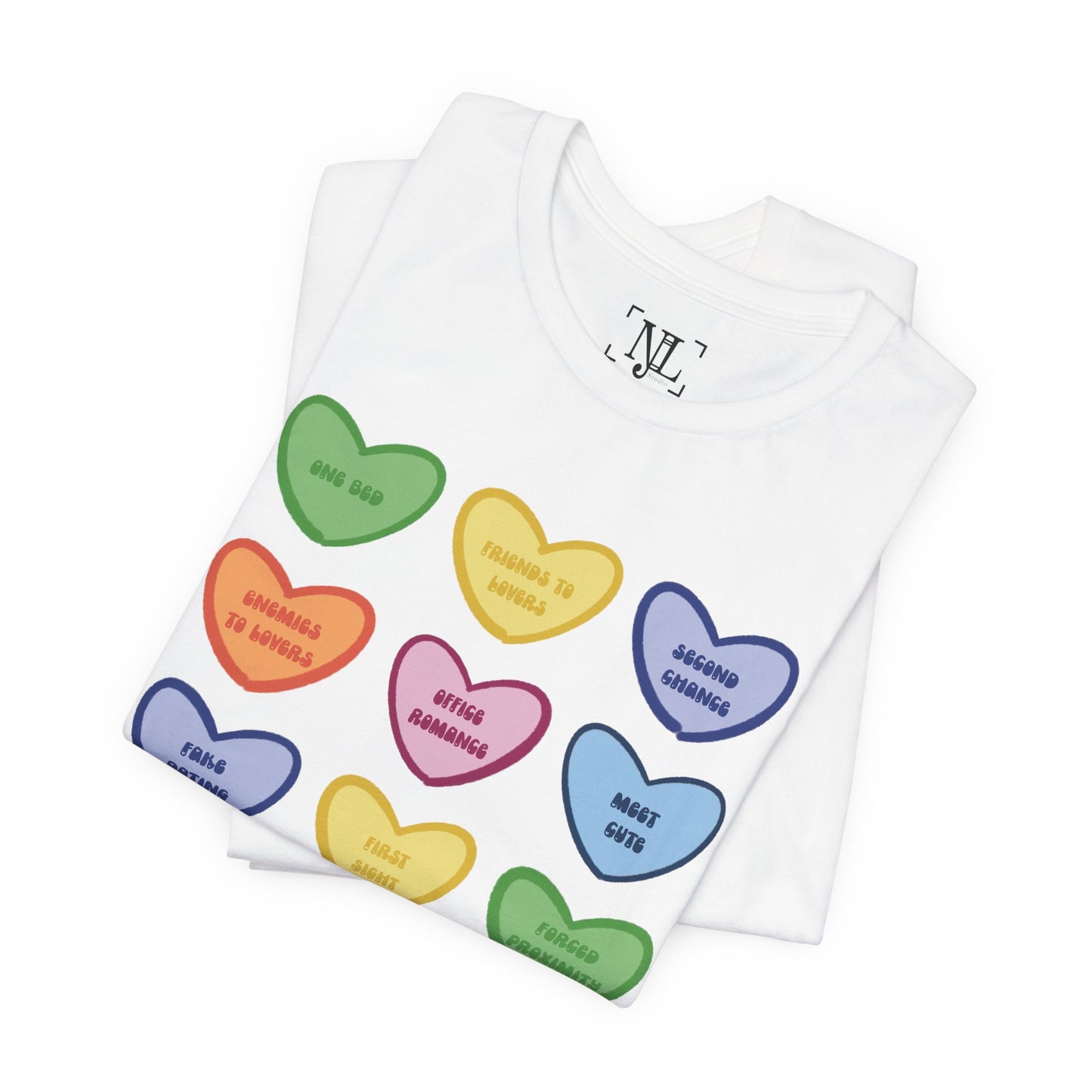 Romance Book Tropes Conversation Heart Graphic Tee — Cute Pastel Candy Hearts with Messages