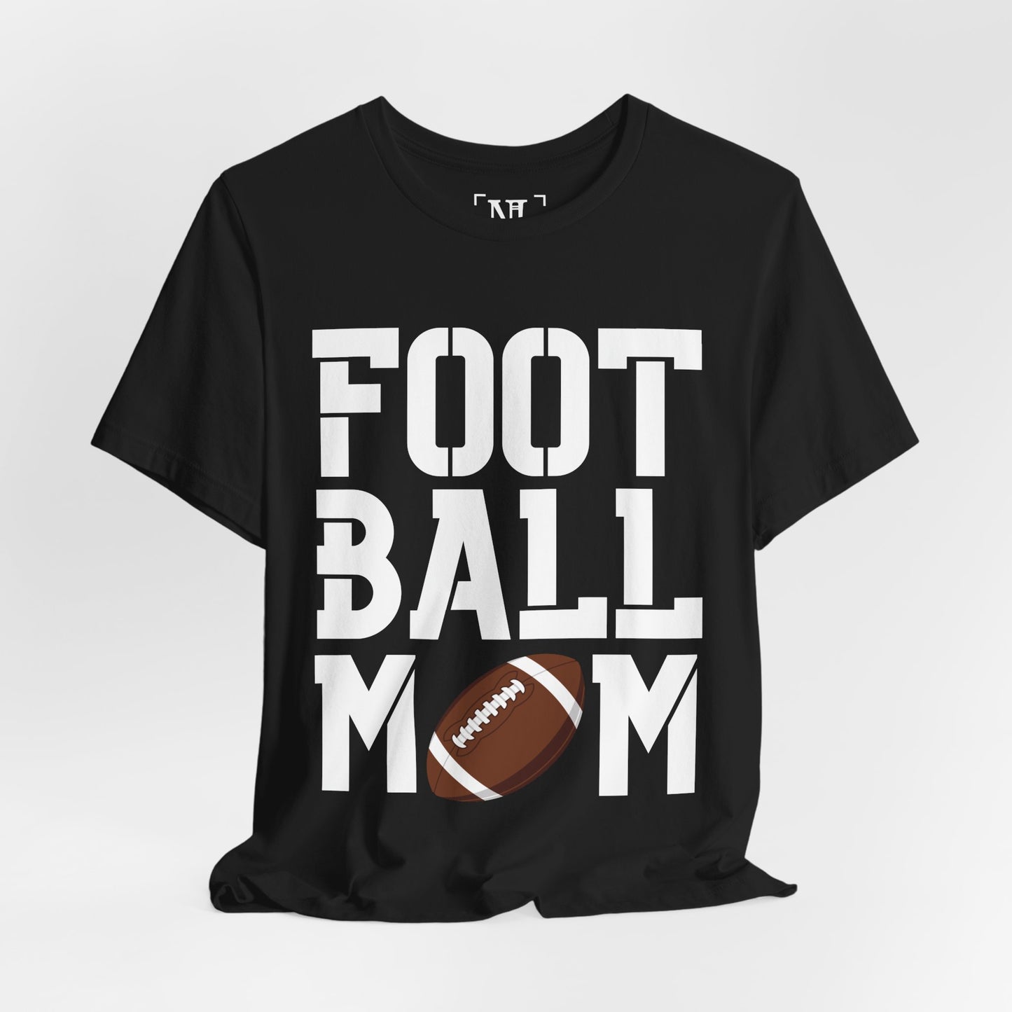 Football Mom T-Shirt – Bold Stacked Text with Football Graphic (White Text)
