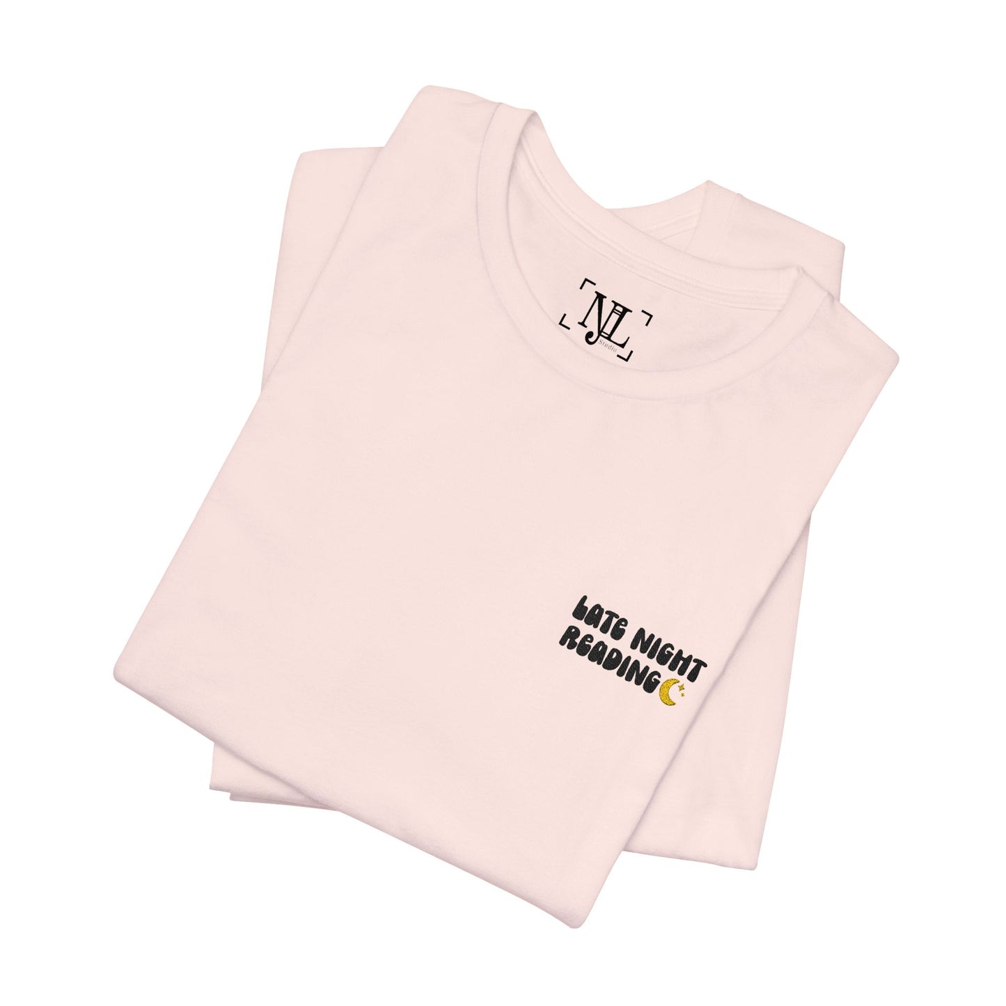 Late Night Reading - Embroidered Literary Tee (Black Text)