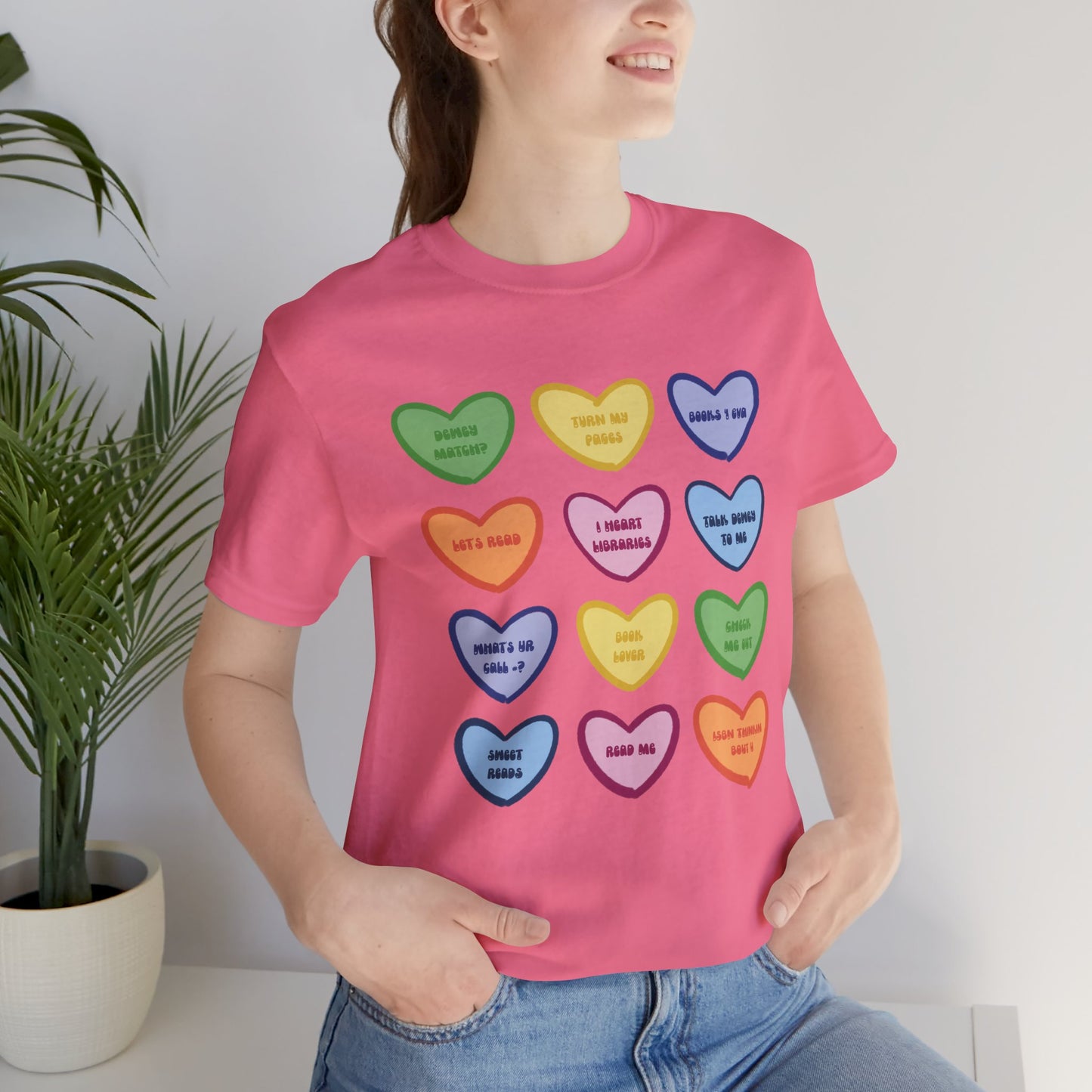 Library Conversation Heart Graphic Tee — Cute Pastel Candy Hearts with Messages
