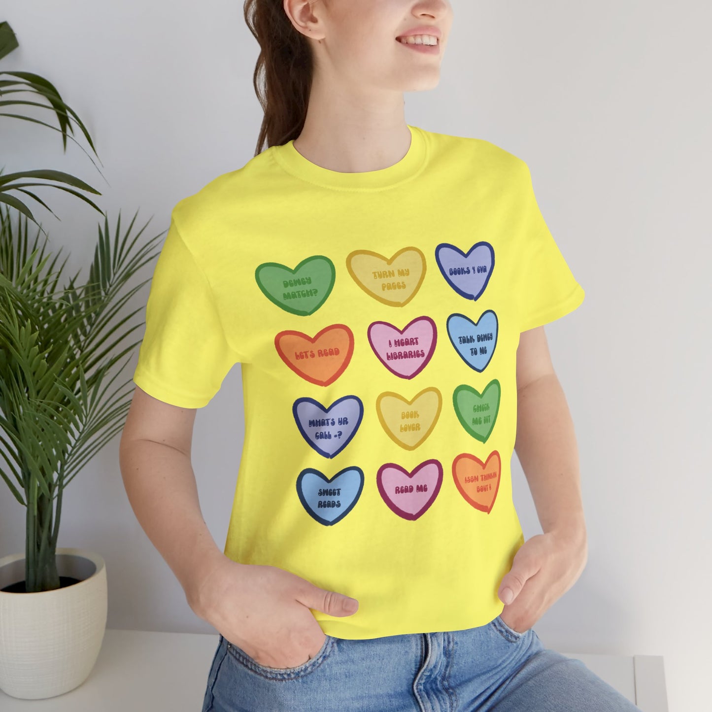Library Conversation Heart Graphic Tee — Cute Pastel Candy Hearts with Messages