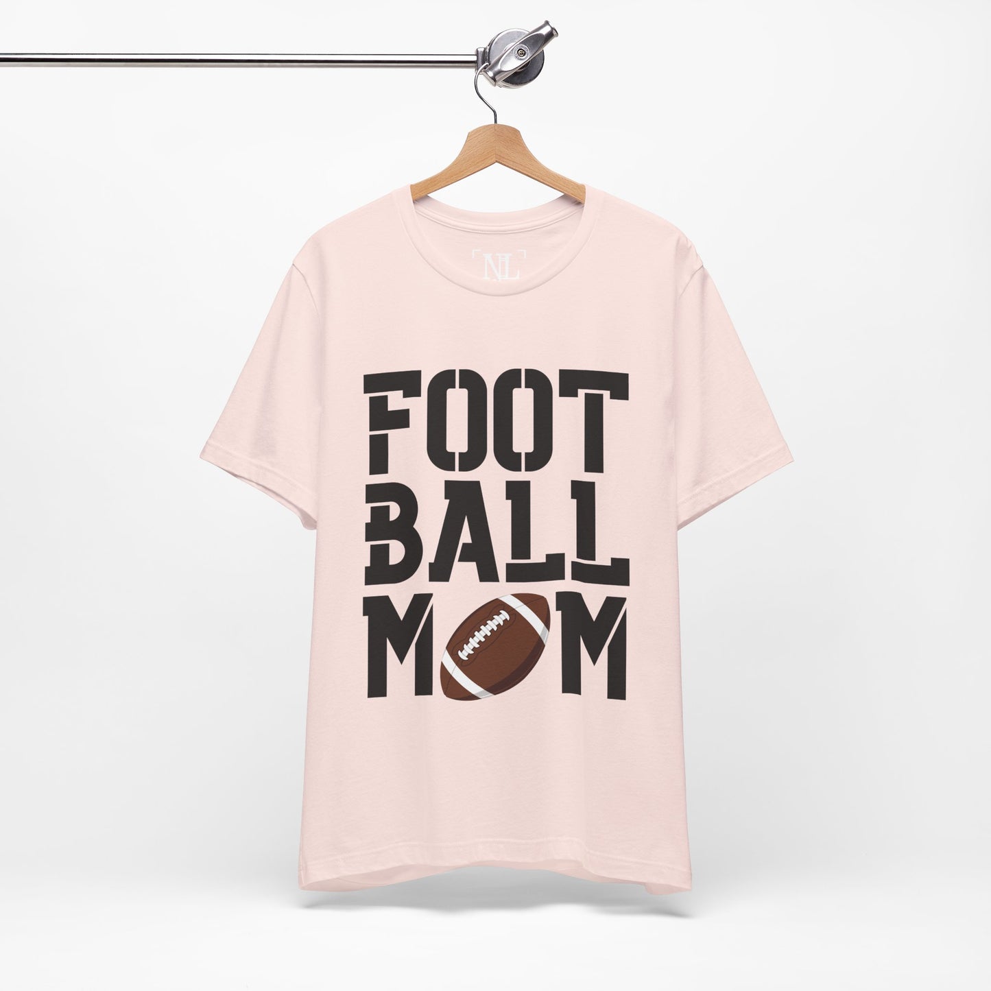 Football Mom T-Shirt – Bold Stacked Text with Football Graphic