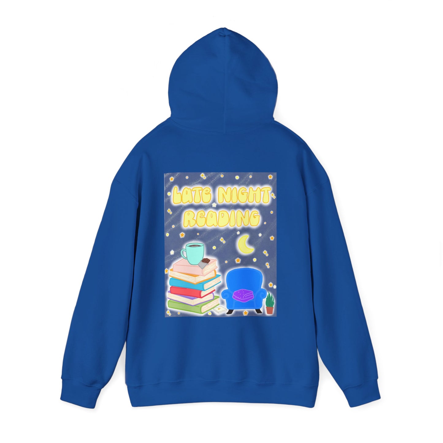 Late Night Reading Hoodie — Cozy Book Lover Pullover with Moon & Books Graphic (White Text)