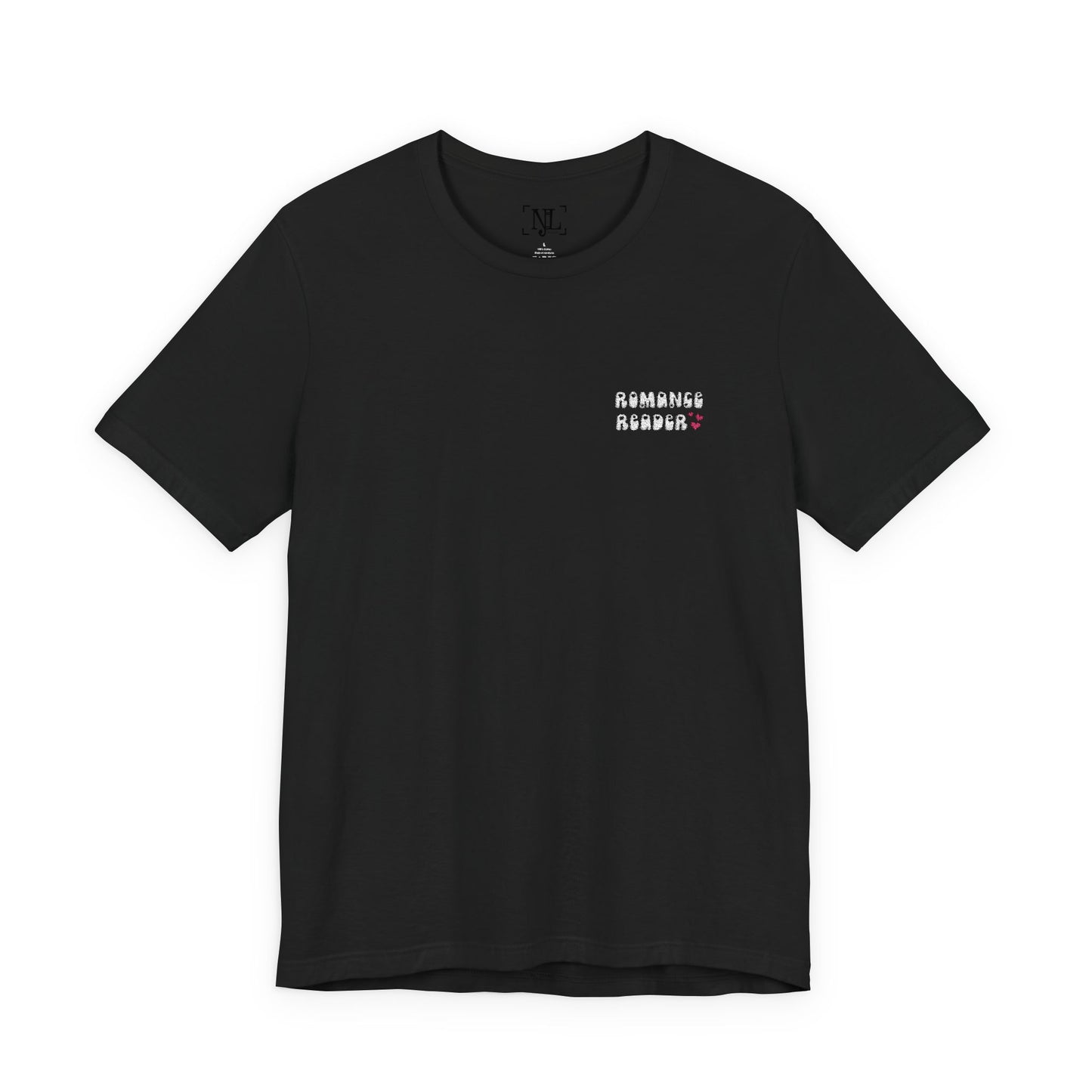 "Romance Reader" - Embroidered Literary Tee (White Text with Pink Hearts)