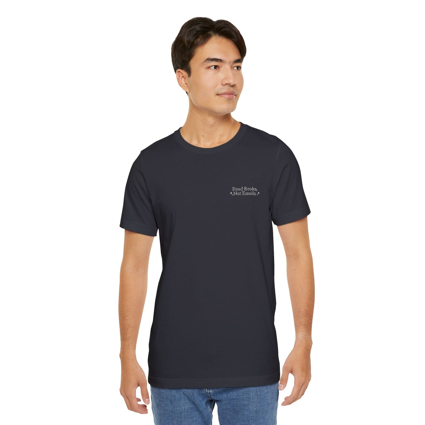 "Read Books, Not Emails - Embroidered Literary Tee (White Text)
