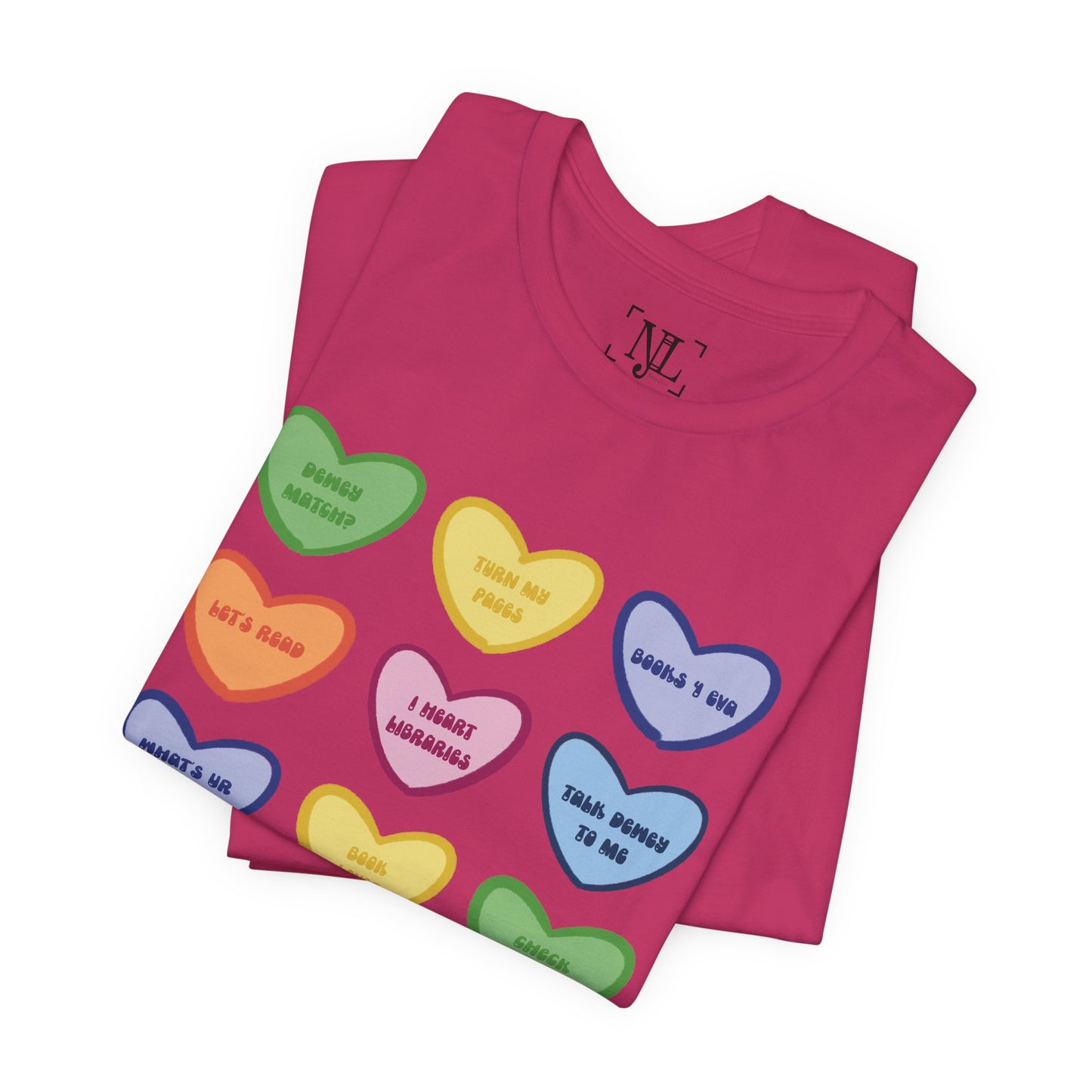 Library Conversation Heart Graphic Tee — Cute Pastel Candy Hearts with Messages