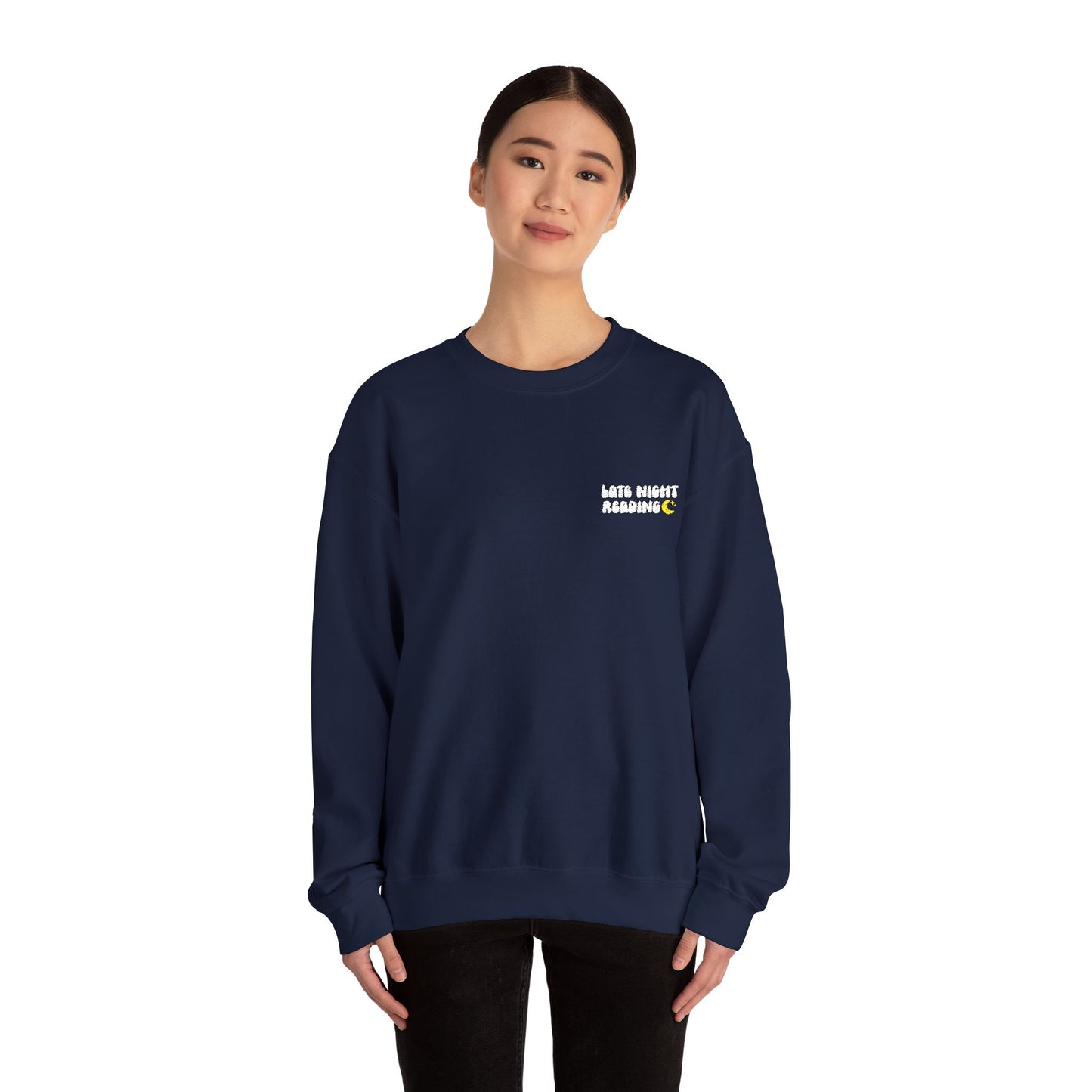 "Late Night Reading - Embroidered Cozy Literary Crewneck Sweatshirt (White Text)