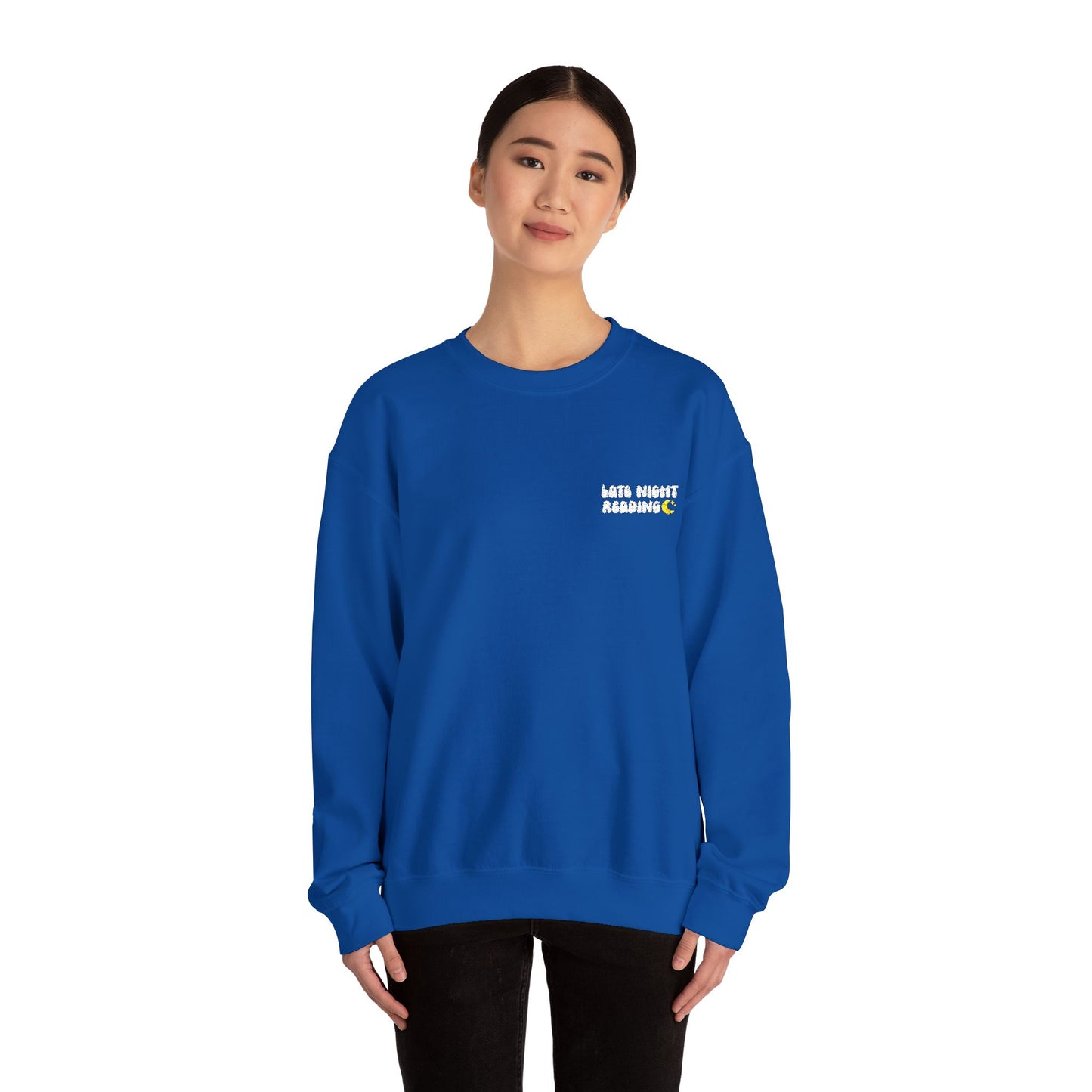 "Late Night Reading - Embroidered Cozy Literary Crewneck Sweatshirt (White Text)