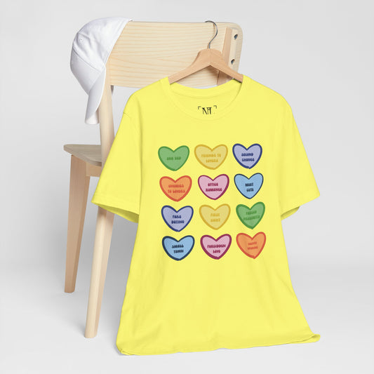 Romance Book Tropes Conversation Heart Graphic Tee — Cute Pastel Candy Hearts with Messages