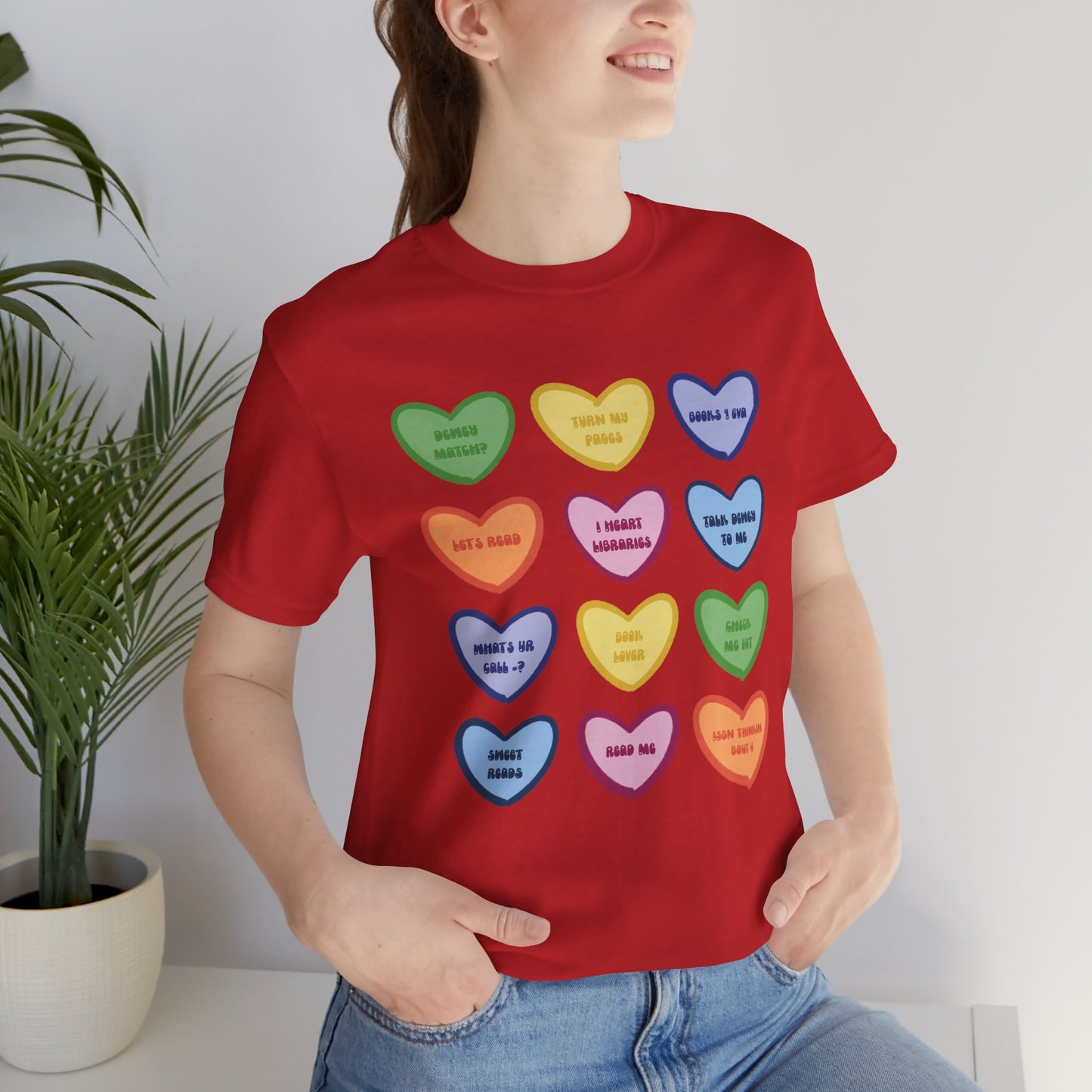 Library Conversation Heart Graphic Tee — Cute Pastel Candy Hearts with Messages