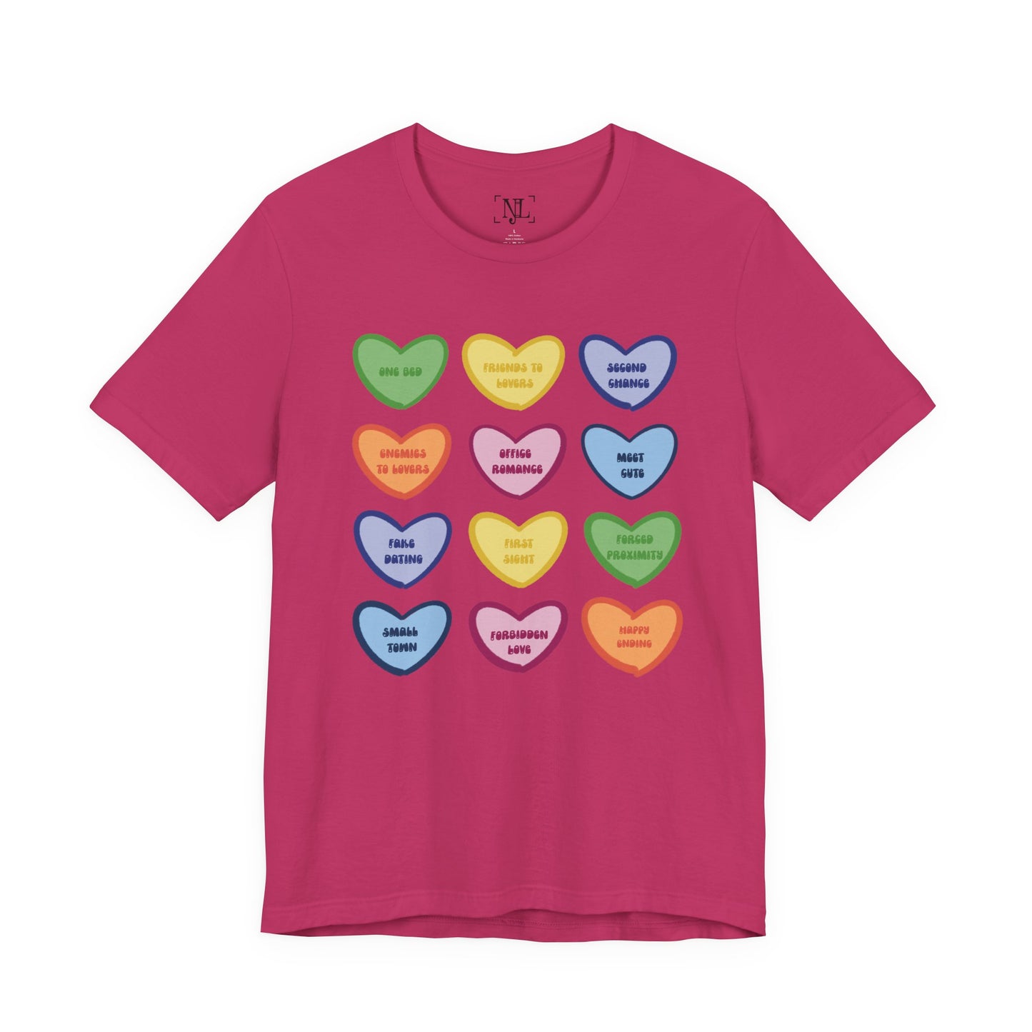 Romance Book Tropes Conversation Heart Graphic Tee — Cute Pastel Candy Hearts with Messages