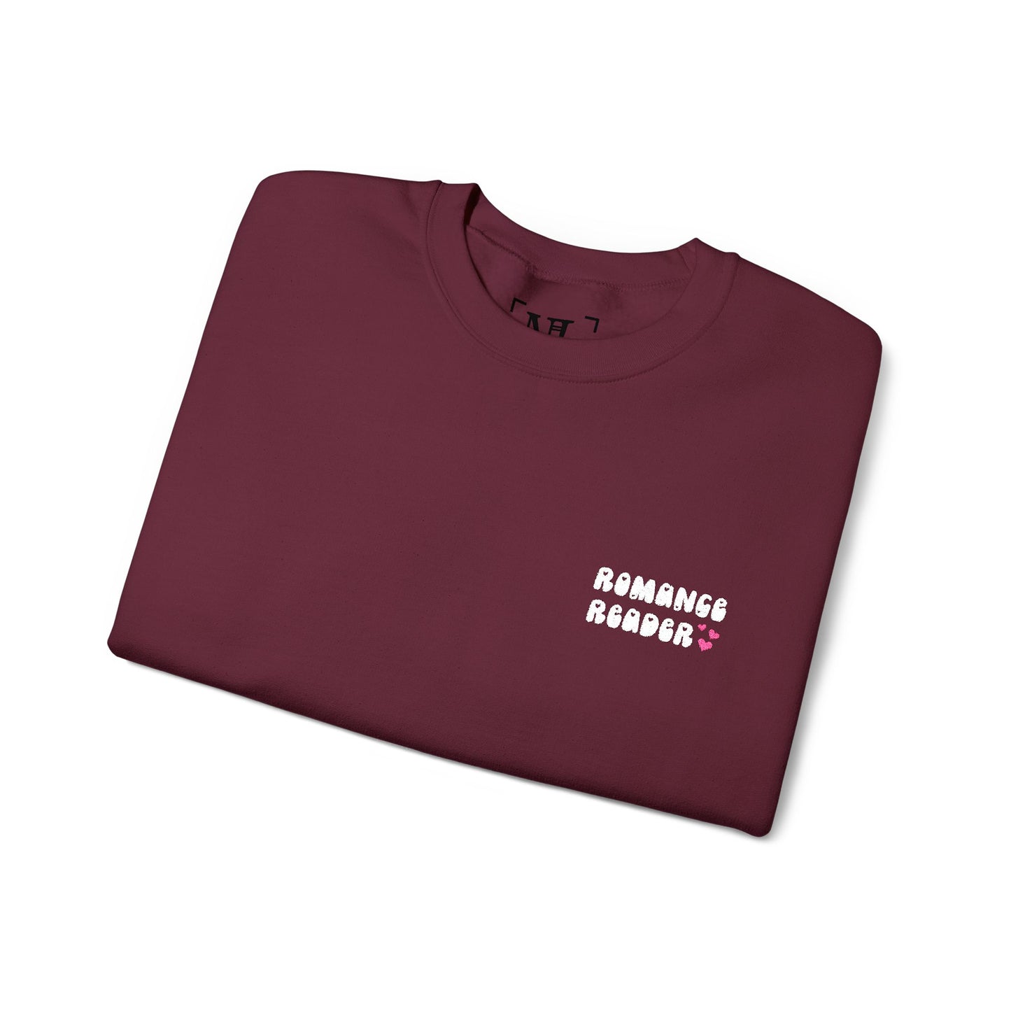 "Romance Reader" - Embroidered Literary Crewneck Sweatshirt (White Text with Pink Hearts)