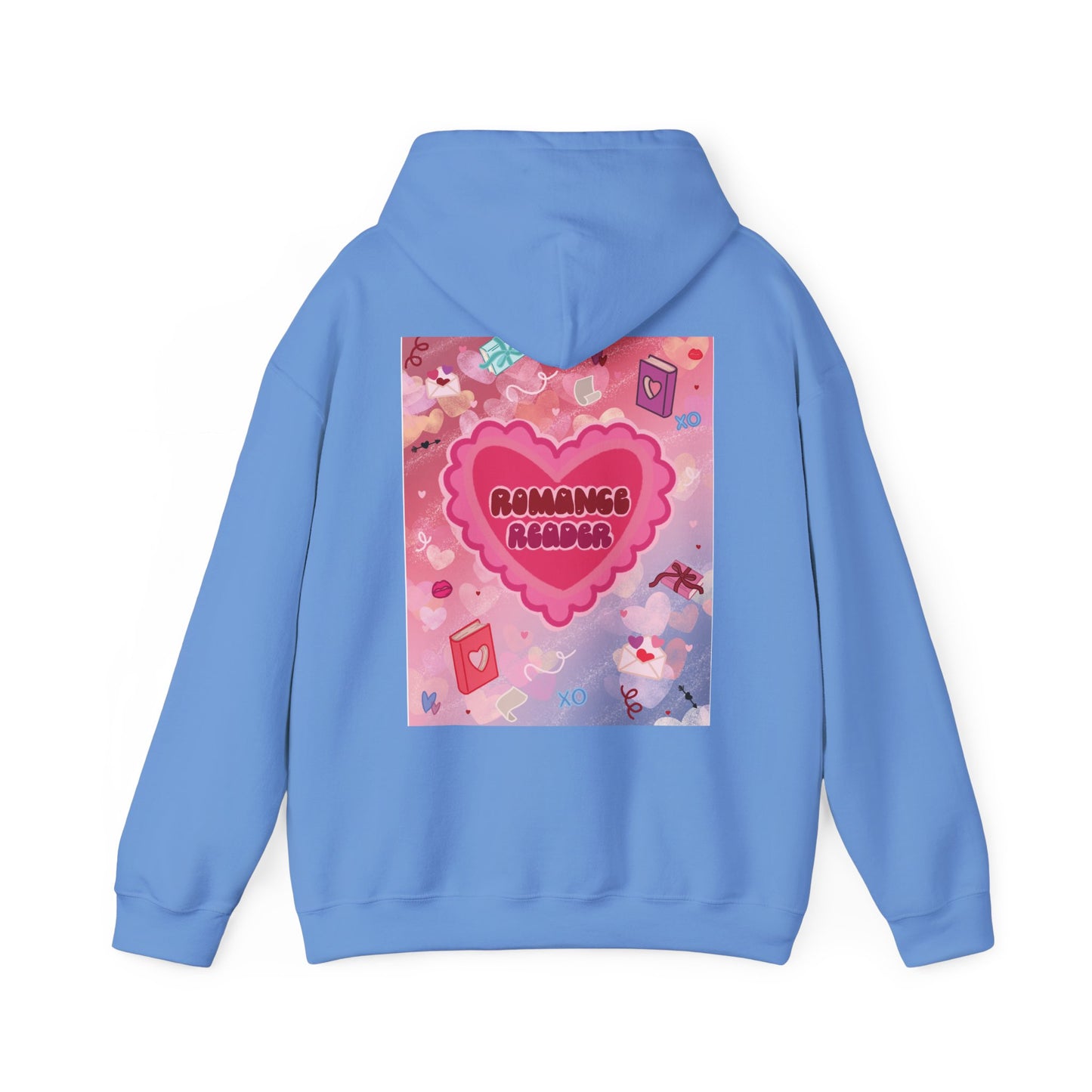 Romance Reader Hoodie — Cute Pink Heart Book Lover Pullover (Black Text)