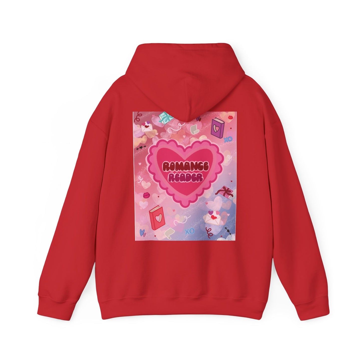 Romance Reader Hoodie — Cute Pink Heart Book Lover Pullover (White Text)