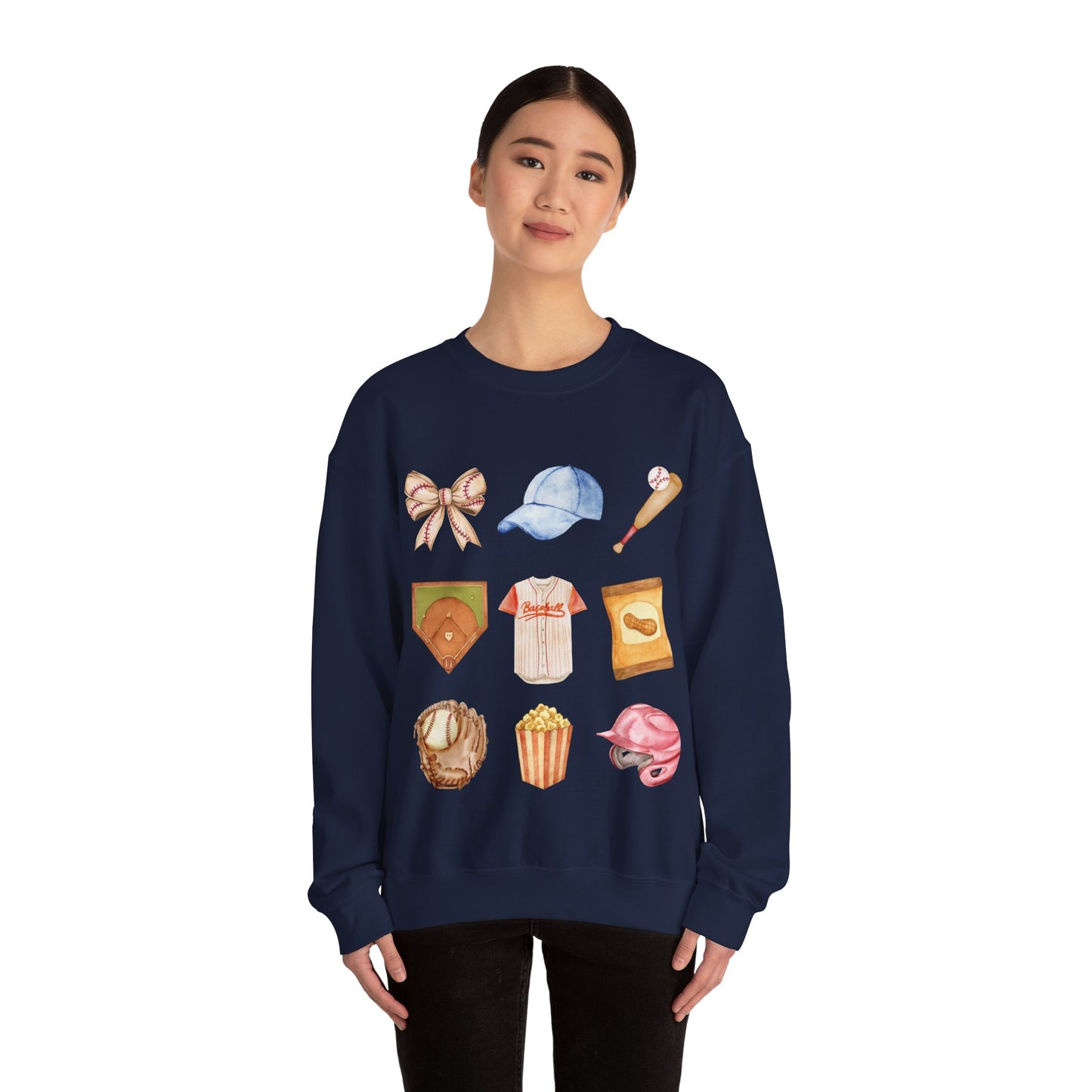 Baseball Icons Crewneck Sweatshirt — Watercolor Baseball Gear Graphic