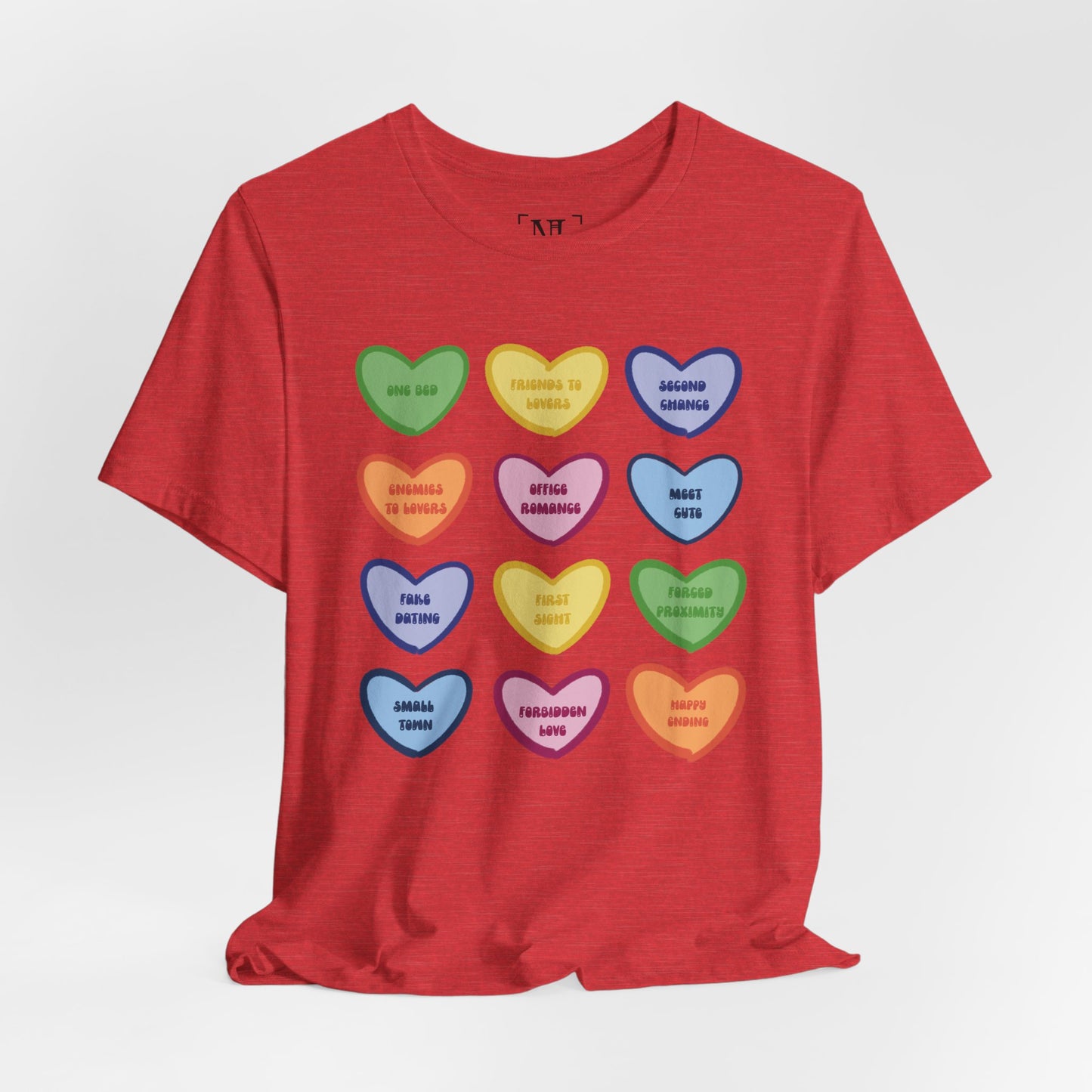 Romance Book Tropes Conversation Heart Graphic Tee — Cute Pastel Candy Hearts with Messages