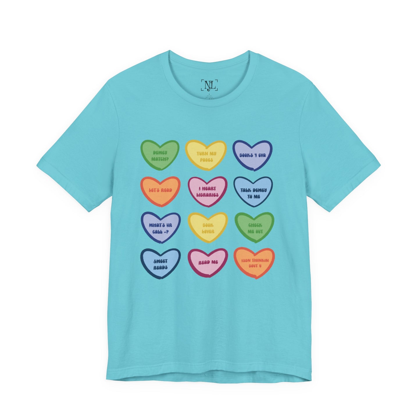 Library Conversation Heart Graphic Tee — Cute Pastel Candy Hearts with Messages